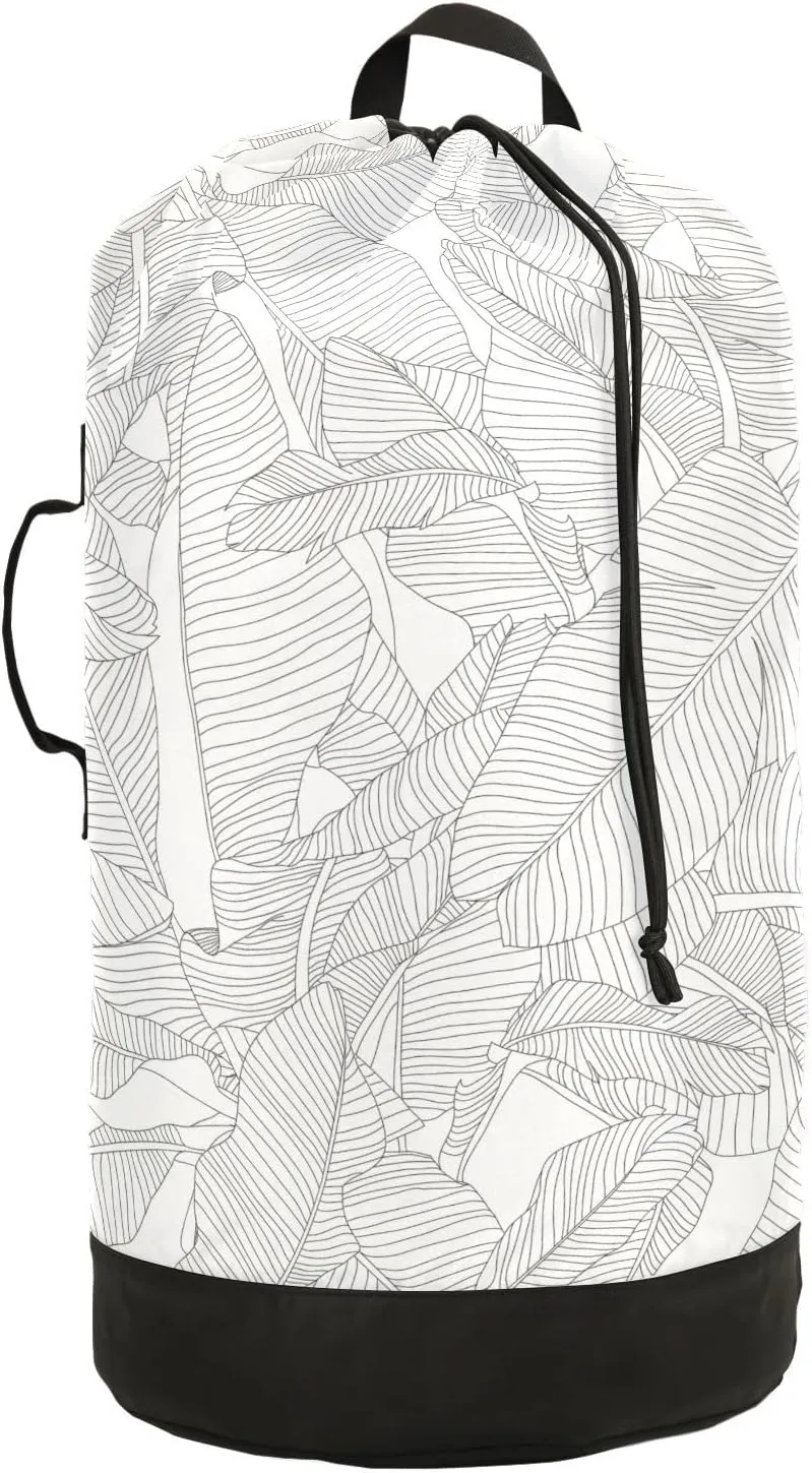 Oyihfvs Tropical Palm Leaves Seamless Pattern, Black and White Design Backpack Laundry Bag, Laundry Backpack with Shoulder Straps, Waterproof Nylon Clothes Hamper Bag for Men Women Yoga Backpack