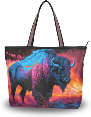 Painting Bison Women's Tote Bag Purse Reusable Grocery Handbag Bags with Zipper Large