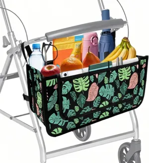 Palm Leaves Hand-Free Carry Storage Bags for Four Wheel Rollator Waterproof Walker Wheelchair Accessories Bag for Seniors with Pockets