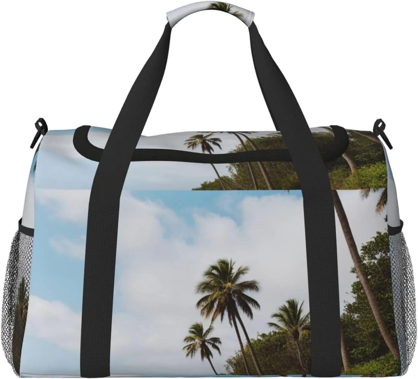 Palm Tree Rocky Shore Print Travel Duffle Bag - Foldable Personal Item Travel Bag for Women & Men,Carry-On Convertible Crossbody Tote Bags with Adjustable Shoulder Strap & Pockets 13x10.2x19.7 in