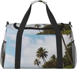Palm Tree Rocky Shore Print Travel Duffle Bag - Foldable Personal Item Travel Bag for Women & Men,Carry-On Convertible Crossbody Tote Bags with Adjustable Shoulder Strap & Pockets 13x10.2x19.7 in