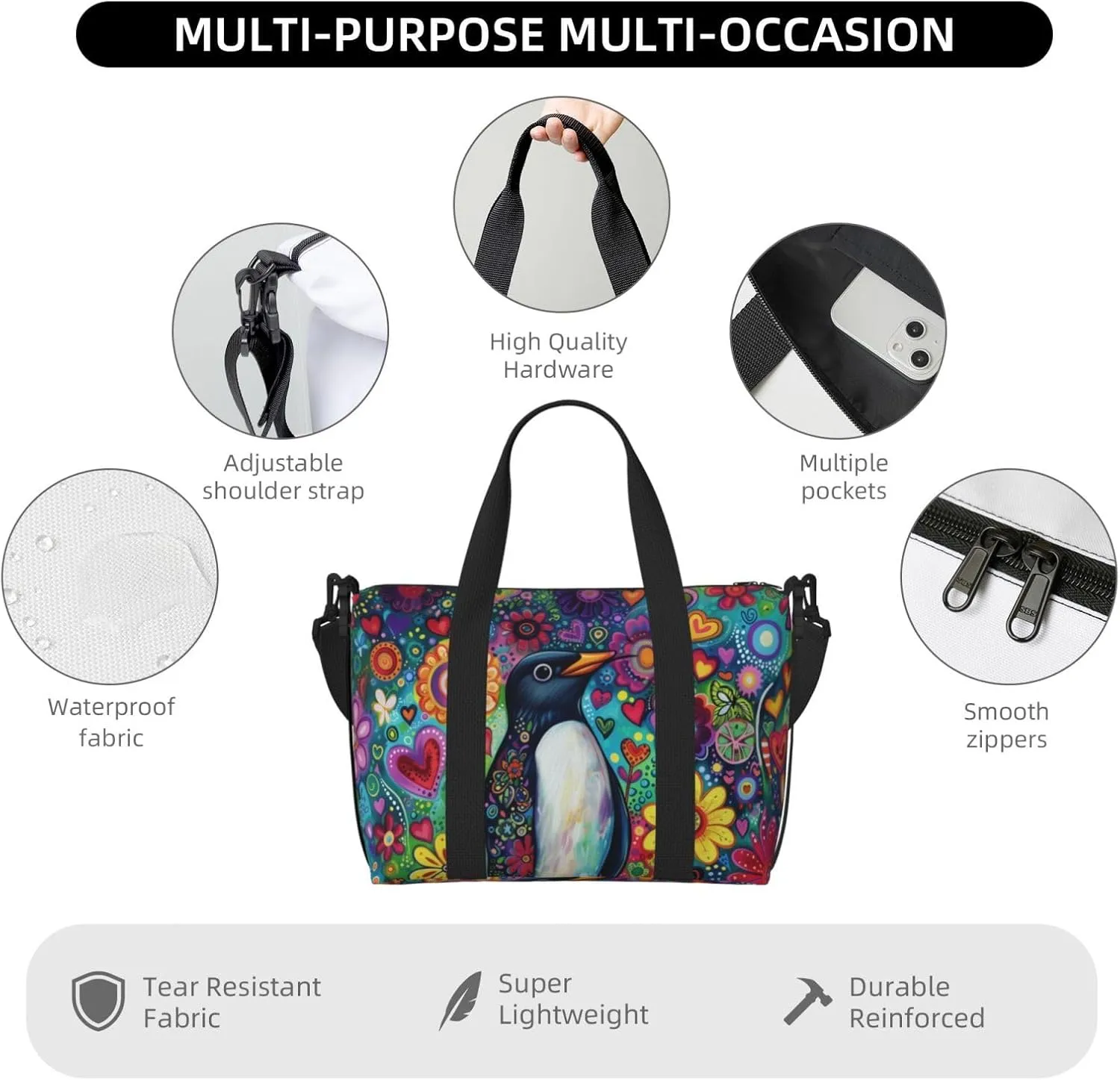 Penguin colorful flower print Travel Duffel Bag, Sports Tote Gym Bag, Swim Pool Bag Large Shoulder Tote Bag for Beach Weekender