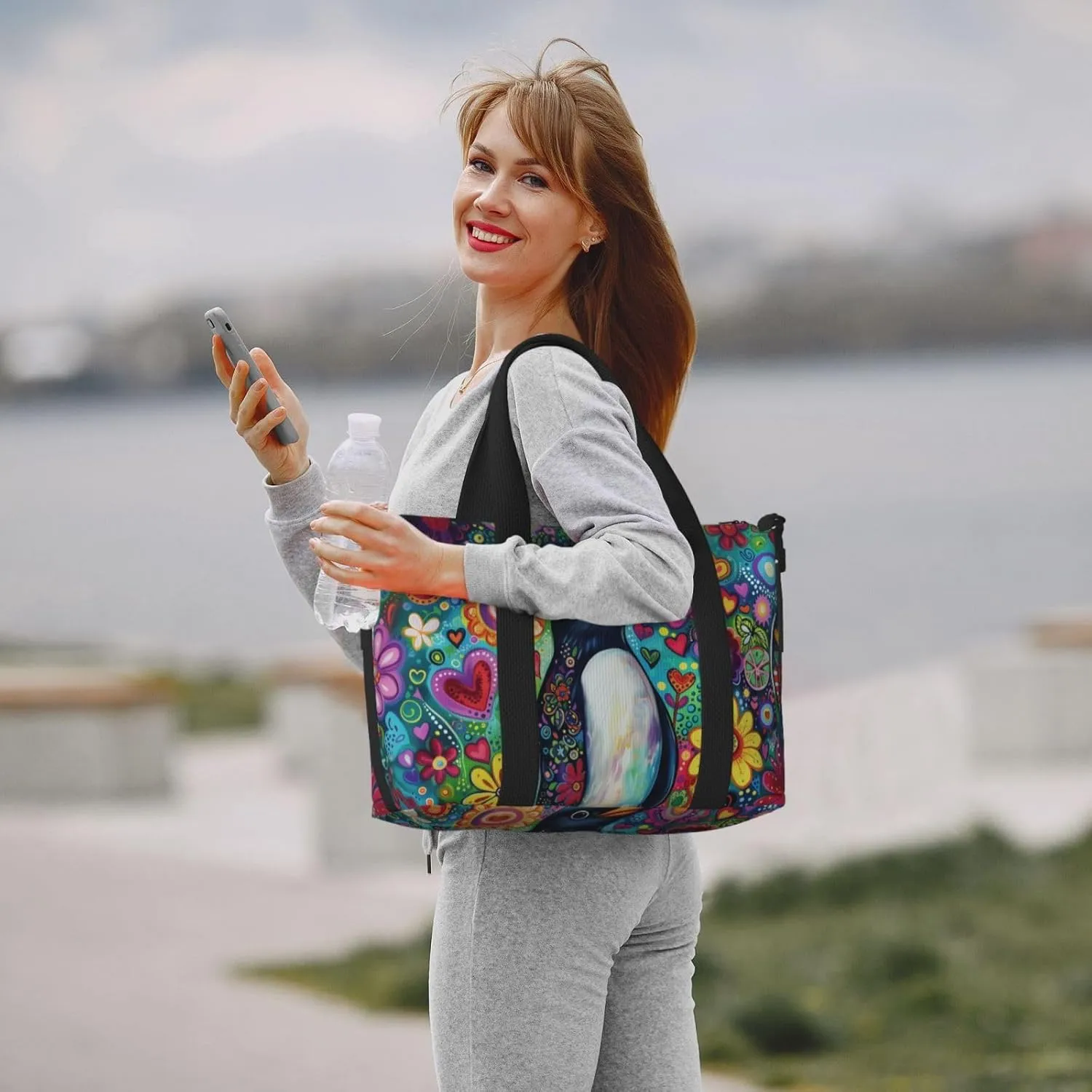 Penguin colorful flower print Travel Duffel Bag, Sports Tote Gym Bag, Swim Pool Bag Large Shoulder Tote Bag for Beach Weekender