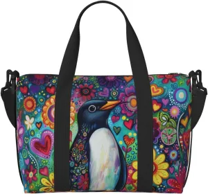 Penguin colorful flower print Travel Duffel Bag, Sports Tote Gym Bag, Swim Pool Bag Large Shoulder Tote Bag for Beach Weekender