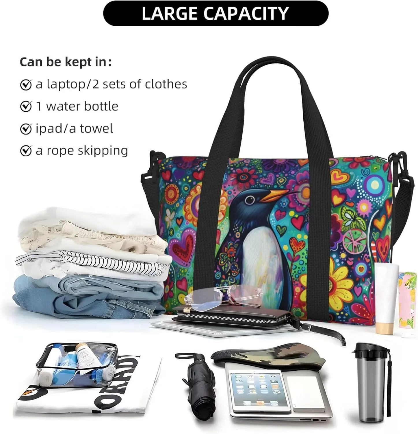 Penguin colorful flower print Travel Duffel Bag, Sports Tote Gym Bag, Swim Pool Bag Large Shoulder Tote Bag for Beach Weekender