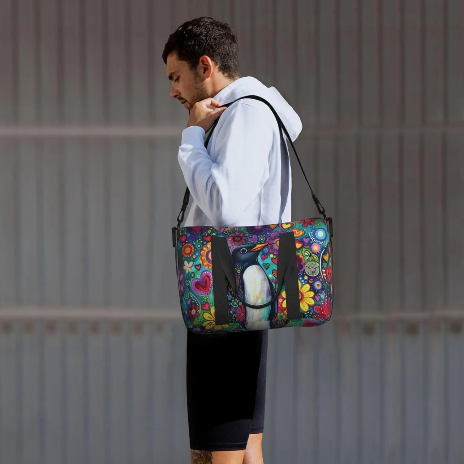 Penguin colorful flower print Travel Duffel Bag, Sports Tote Gym Bag, Swim Pool Bag Large Shoulder Tote Bag for Beach Weekender