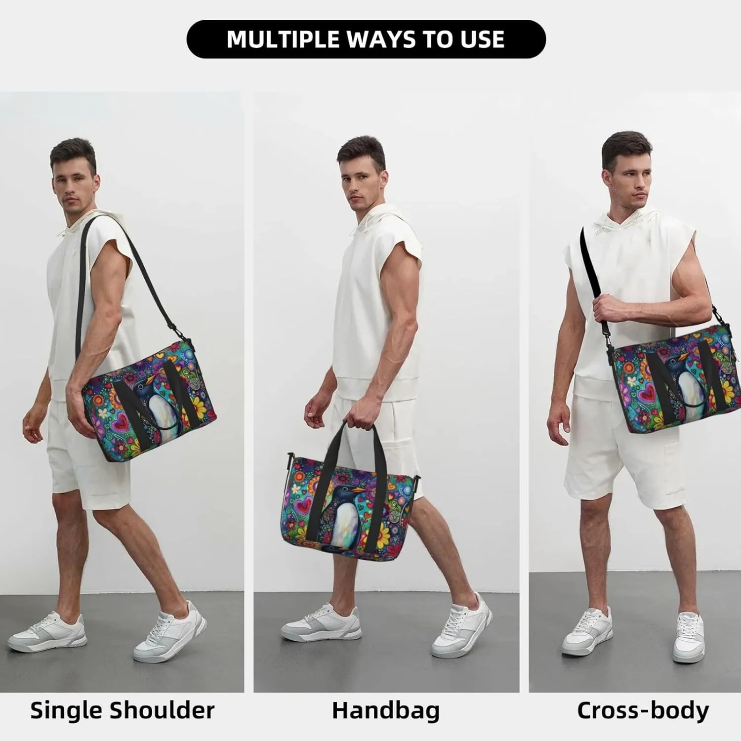 Penguin colorful flower print Travel Duffel Bag, Sports Tote Gym Bag, Swim Pool Bag Large Shoulder Tote Bag for Beach Weekender