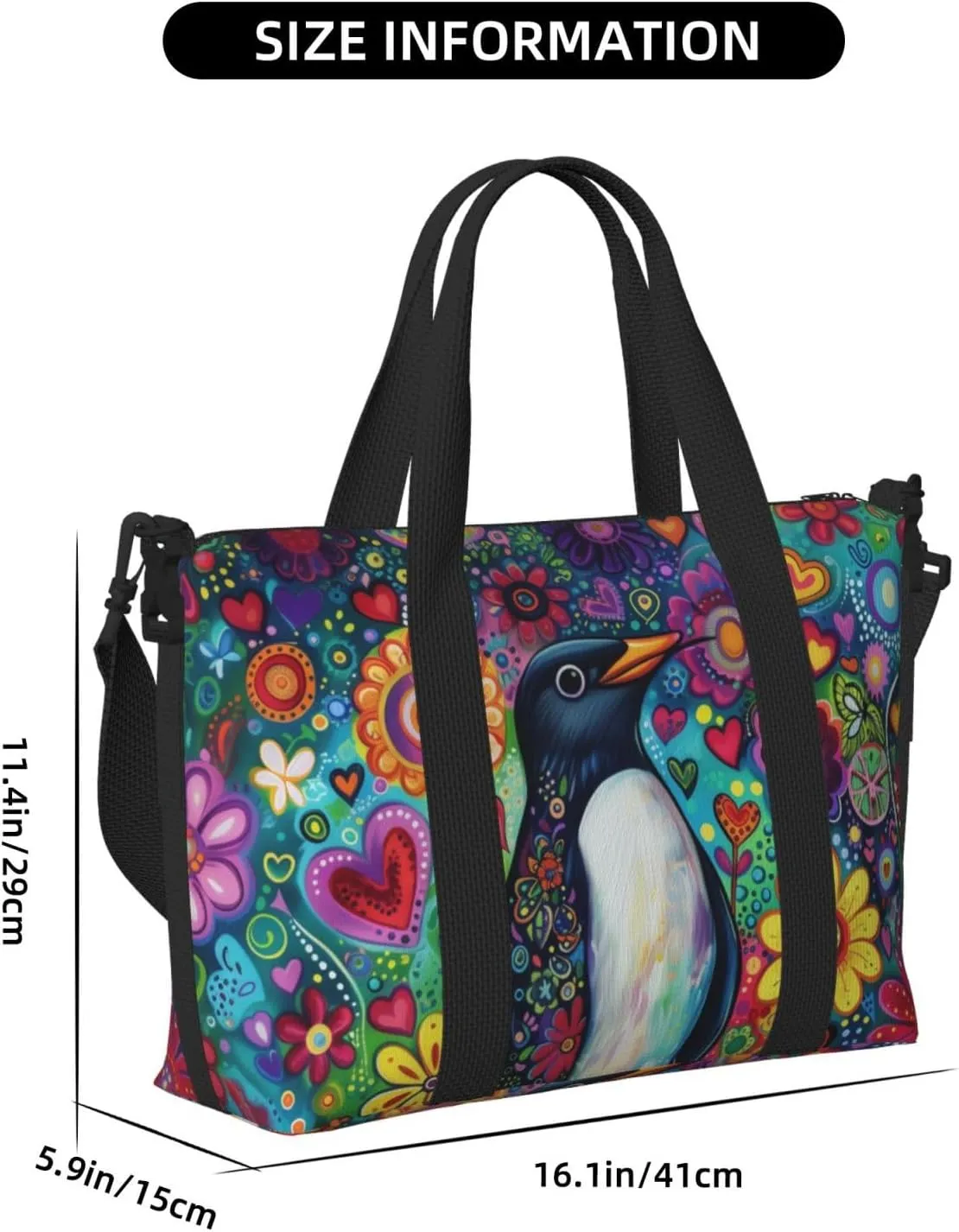 Penguin colorful flower print Travel Duffel Bag, Sports Tote Gym Bag, Swim Pool Bag Large Shoulder Tote Bag for Beach Weekender