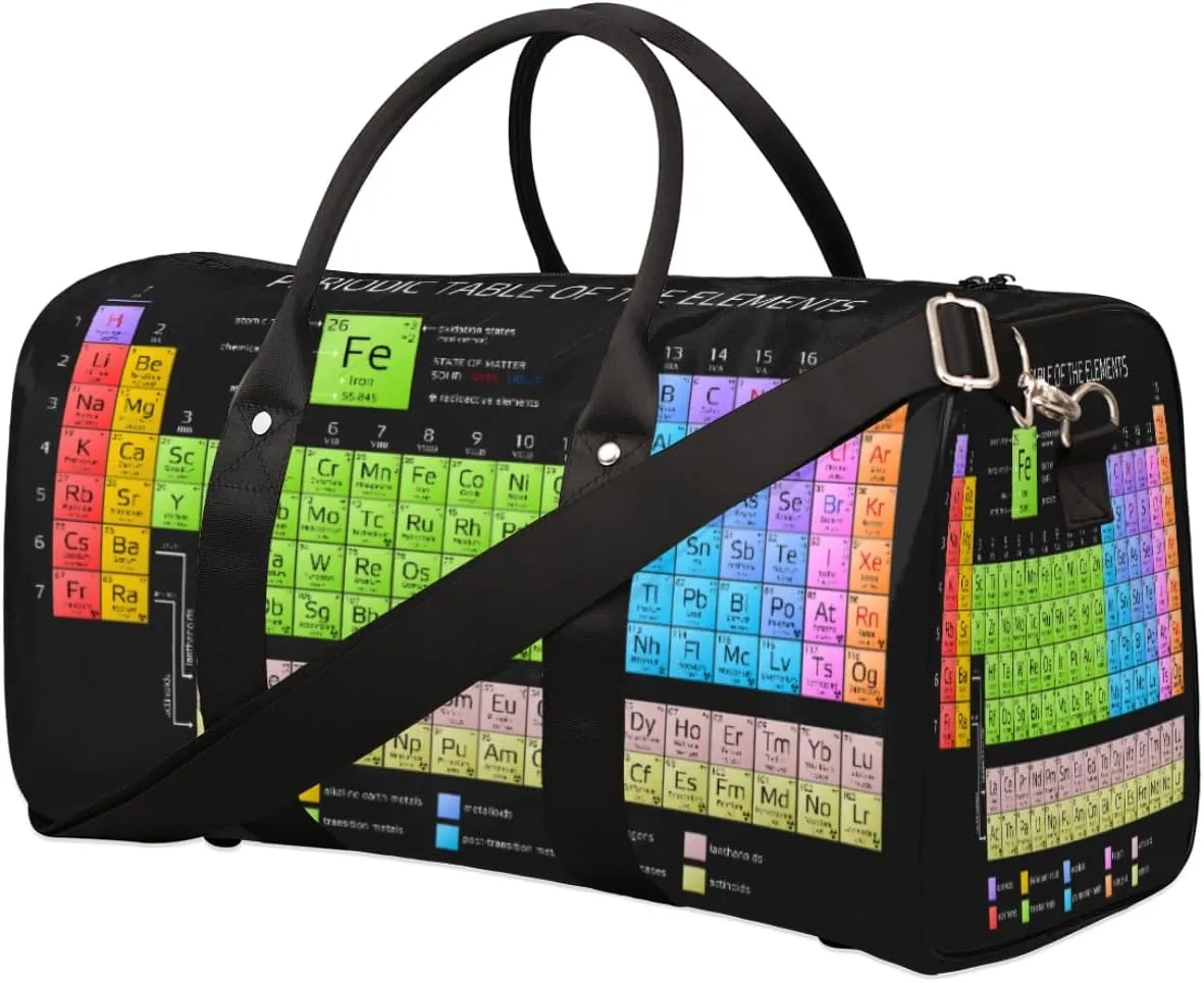 Periodic Table Of Elements With Atoms Travel Duffel Bag, Foldable Sport Gym Tote Bag, Waterproof Weekender Overnight Bag with Shoulder Strap, Carry On Luggage Handbag for Men and Women