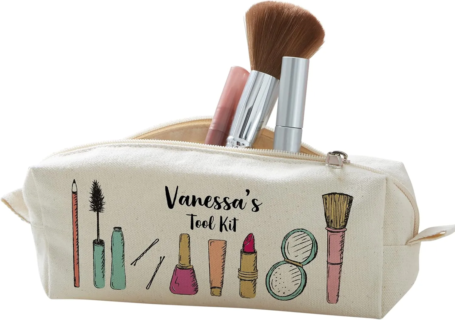 Personalization Universe Makeup Brushes Personalized Canvas Cosmetic Case - Customizable Small Makeup Bag - Travel/Toiletry Bag - Preppy Stuff - Neat & Organized - 9.5" L x 2.25" W x 3.25" H
