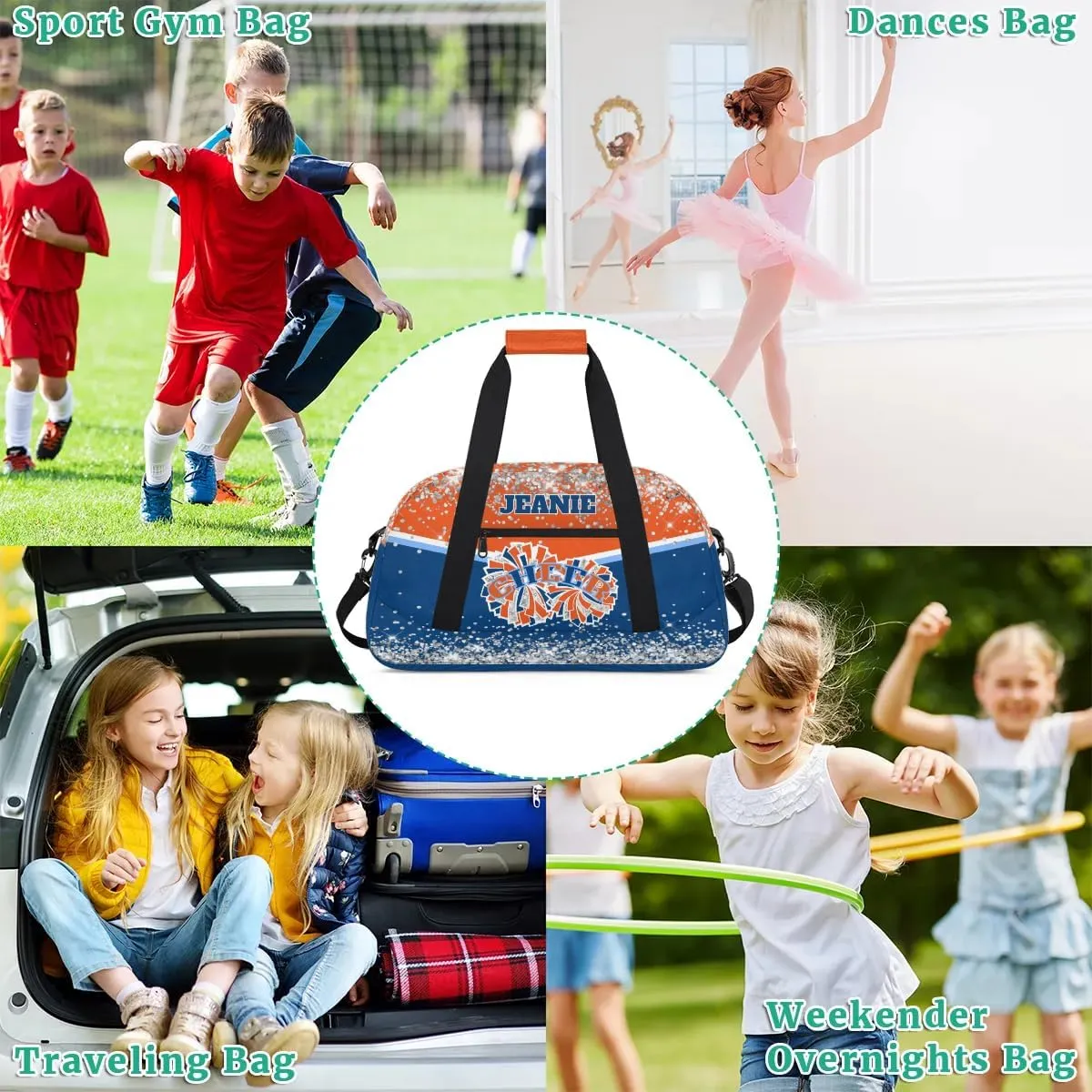 Personalized Cheer Gym Bags for Girls Kids Cheerleaders with Custom Name Sport Dance Perform Training Duffel Bags for Overnight Weekender Travel Orange Blue