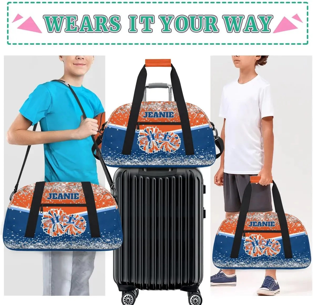Personalized Cheer Gym Bags for Girls Kids Cheerleaders with Custom Name Sport Dance Perform Training Duffel Bags for Overnight Weekender Travel Orange Blue