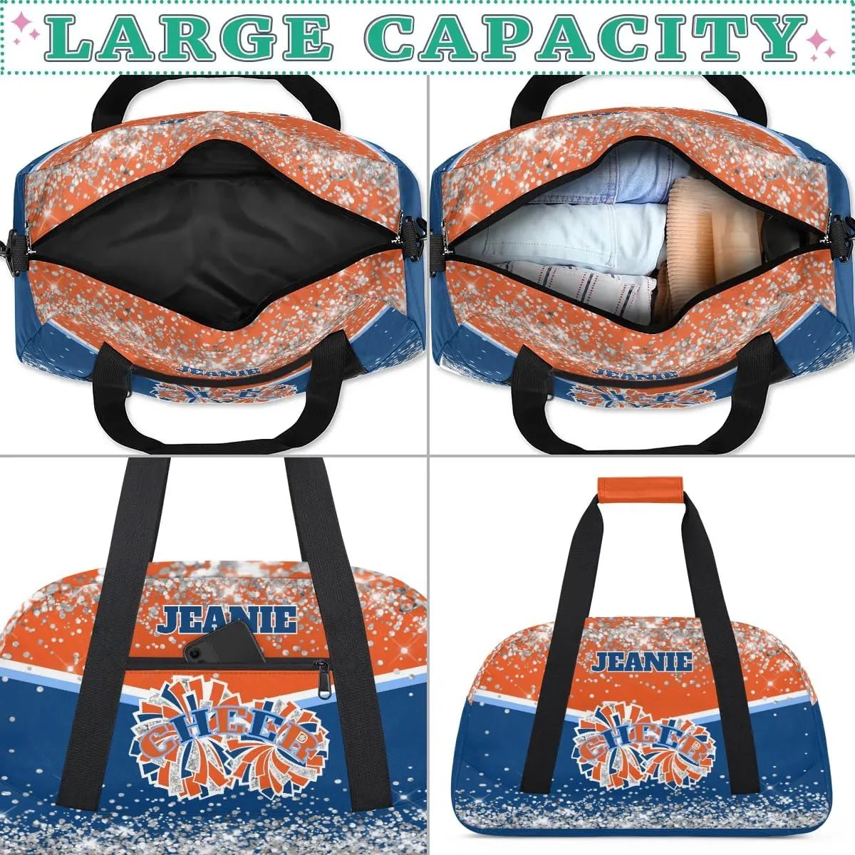 Personalized Cheer Gym Bags for Girls Kids Cheerleaders with Custom Name Sport Dance Perform Training Duffel Bags for Overnight Weekender Travel Orange Blue