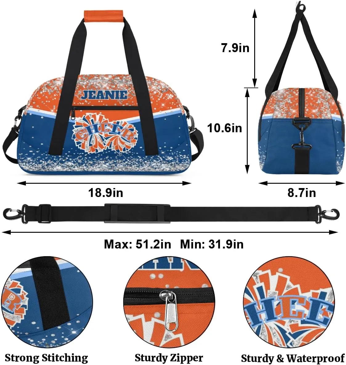 Personalized Cheer Gym Bags for Girls Kids Cheerleaders with Custom Name Sport Dance Perform Training Duffel Bags for Overnight Weekender Travel Orange Blue