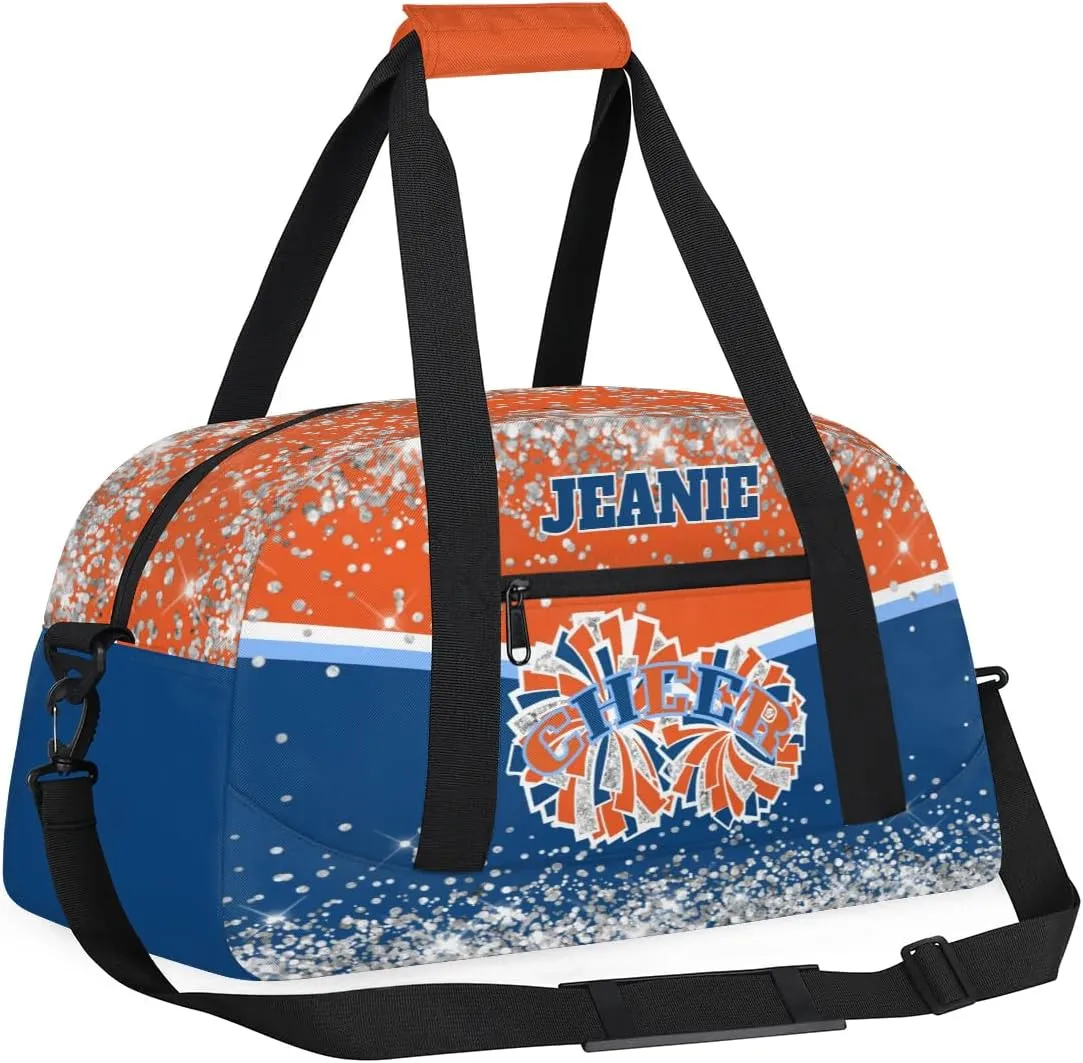 Personalized Cheer Gym Bags for Girls Kids Cheerleaders with Custom Name Sport Dance Perform Training Duffel Bags for Overnight Weekender Travel Orange Blue