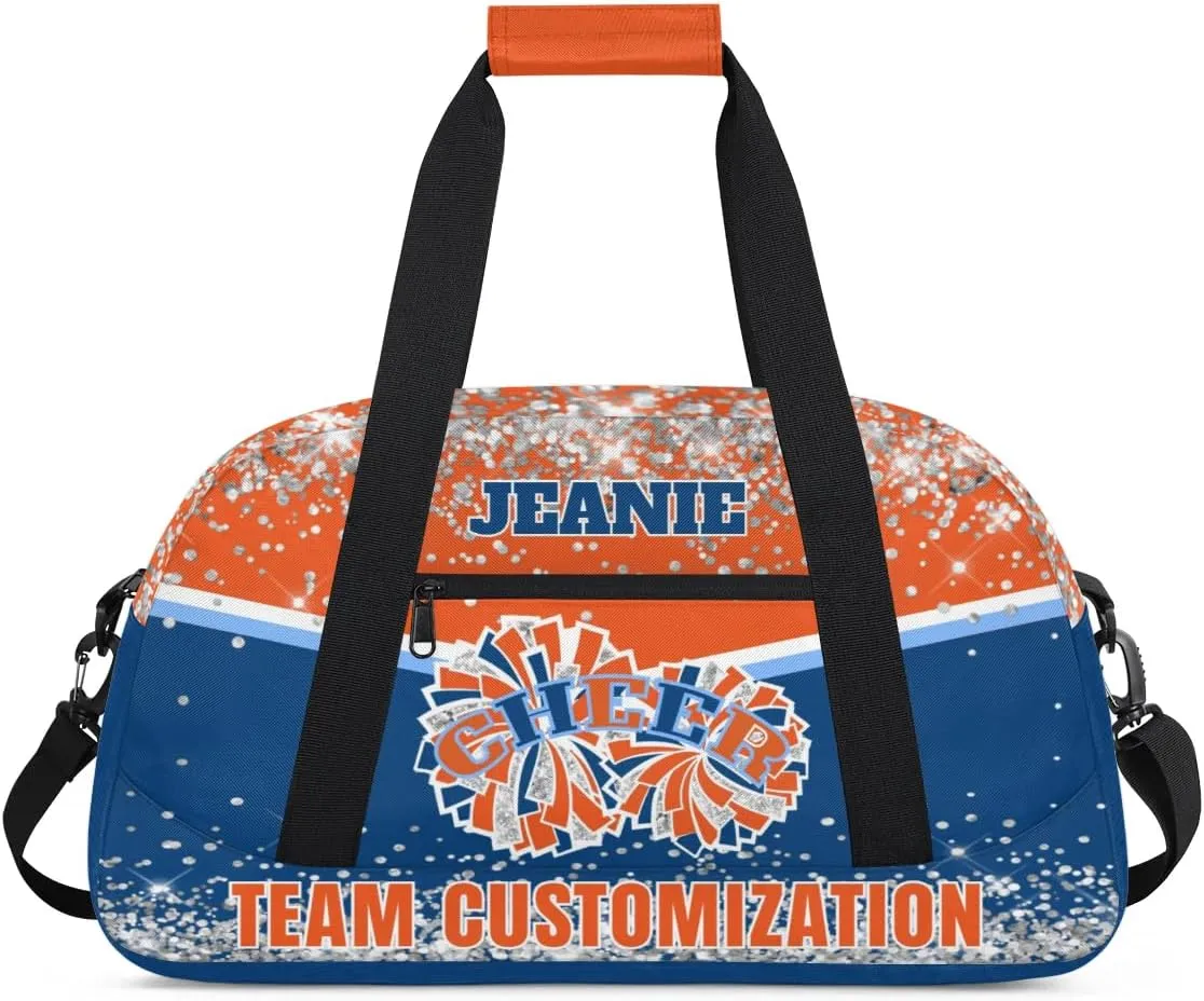 Personalized Cheer Gym Bags for Girls Kids Cheerleaders with Custom Name Sport Dance Perform Training Duffel Bags for Overnight Weekender Travel Orange Blue