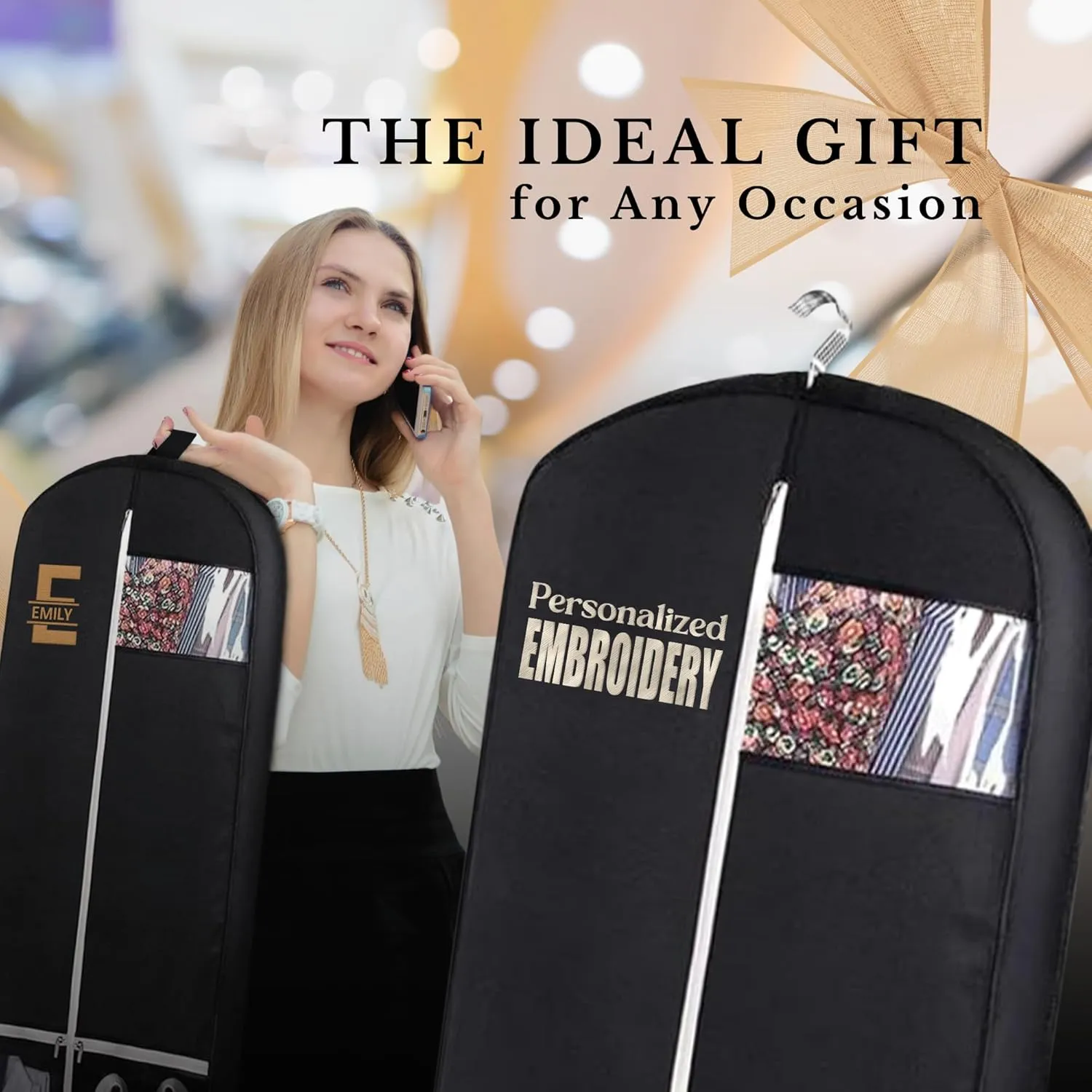 Personalized Garment bag for Hanging Clothes and Travel- Custom Black Suit Bags for Closet Storage with 2 Mesh Pockets for Men & Women - Ideal for Wedding Dress Garment Bag Storage with Carry Handle