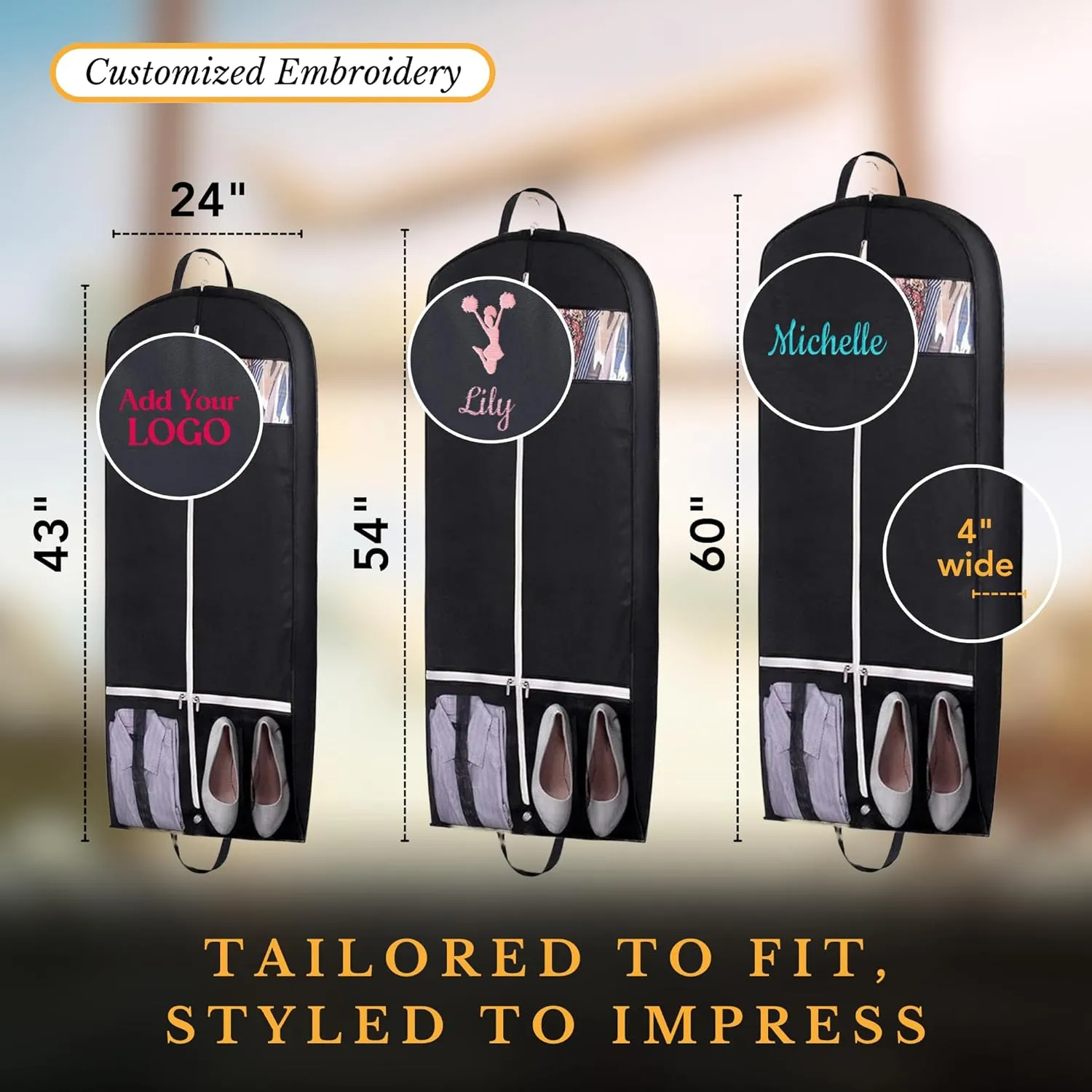 Personalized Garment bag for Hanging Clothes and Travel- Custom Black Suit Bags for Closet Storage with 2 Mesh Pockets for Men & Women - Ideal for Wedding Dress Garment Bag Storage with Carry Handle
