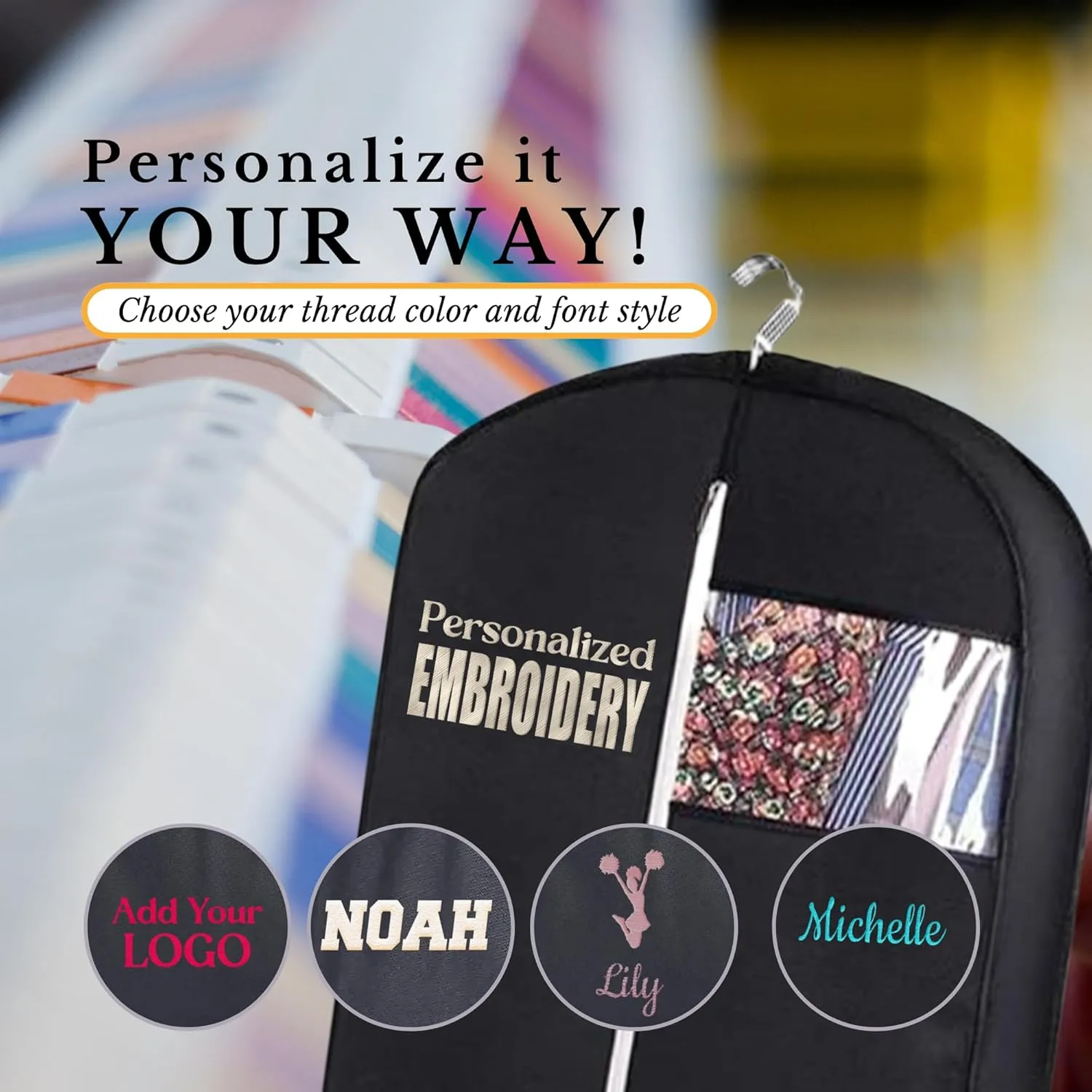 Personalized Garment bag for Hanging Clothes and Travel- Custom Black Suit Bags for Closet Storage with 2 Mesh Pockets for Men & Women - Ideal for Wedding Dress Garment Bag Storage with Carry Handle