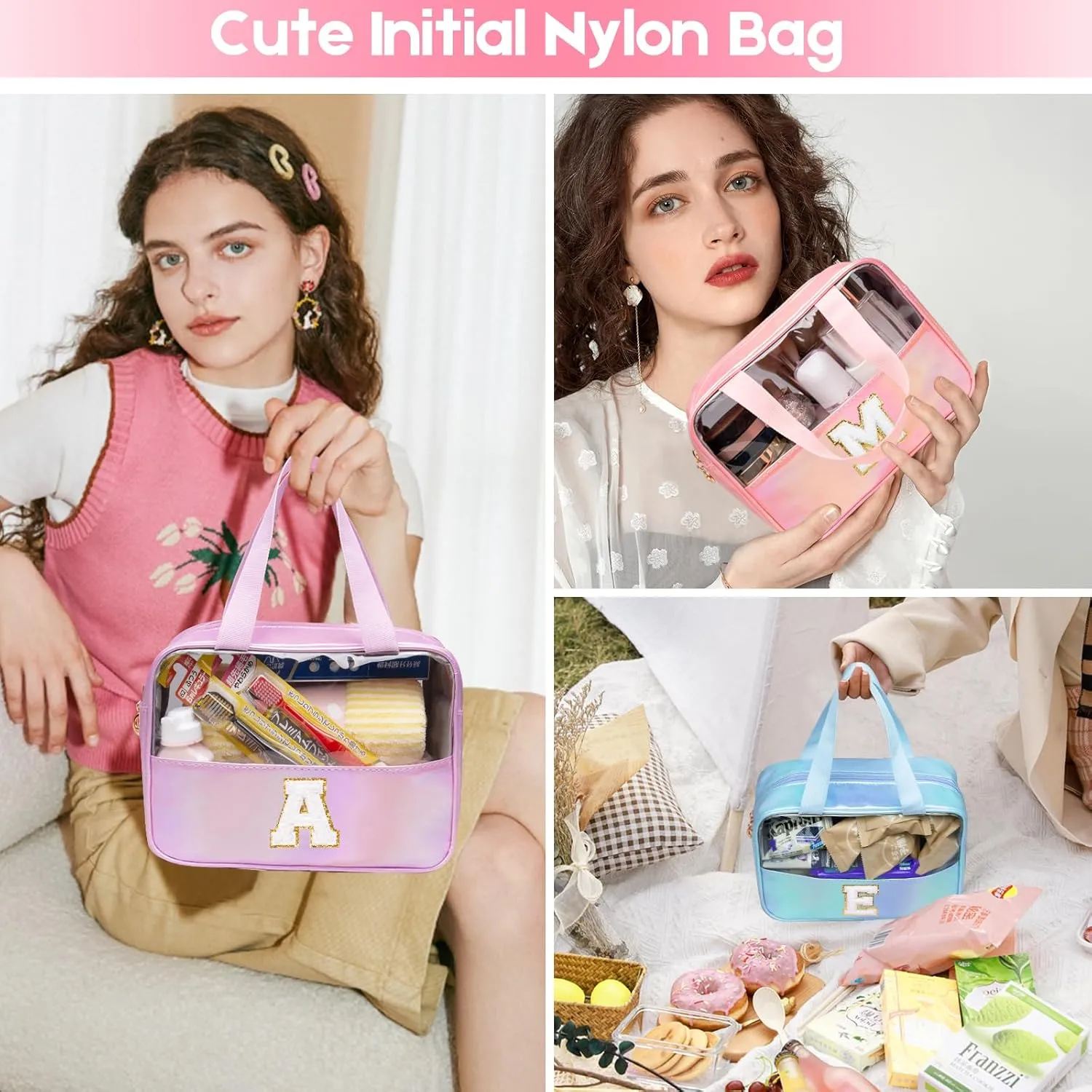 Personalized Initial Clear Makeup Bag Purple Cosmetic Bag Set Large Travel Toiletry Bag, Cute Clear Make Up Bags Organizer Bag for Girlfriend Teacher Gifts Teen Girl Gifts Trendy Stuff A (purple）