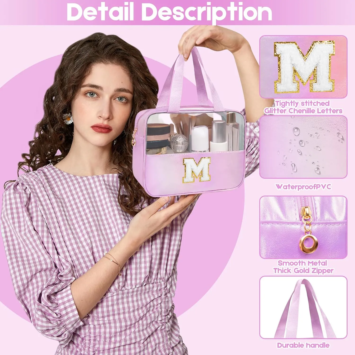 Personalized Initial Clear Makeup Bag Purple Cosmetic Bag Set Large Travel Toiletry Bag, Cute Clear Make Up Bags Organizer Bag for Girlfriend Teacher Gifts Teen Girl Gifts Trendy Stuff A (purple）