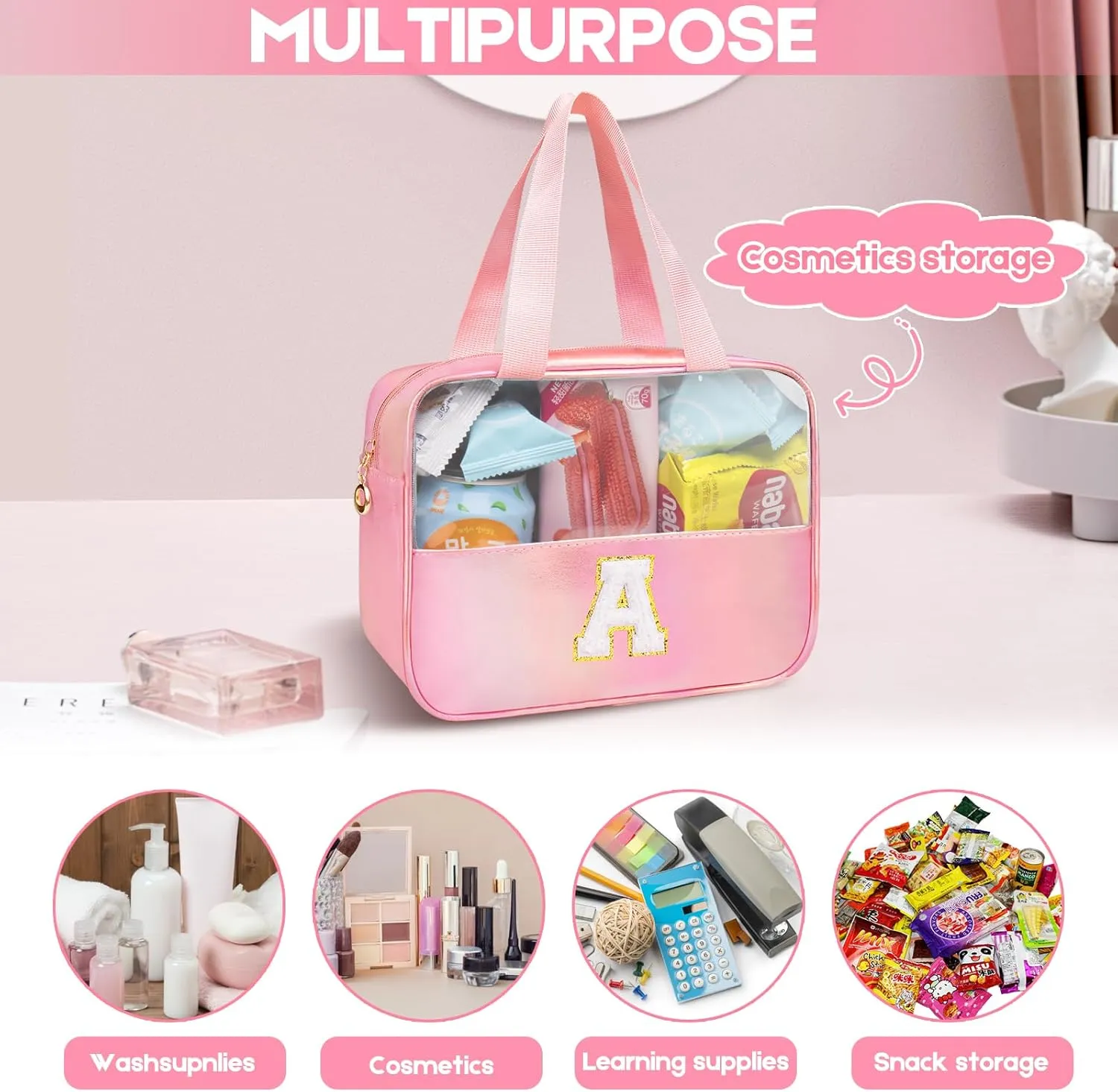 Personalized Initial Clear Makeup Bag Purple Cosmetic Bag Set Large Travel Toiletry Bag, Cute Clear Make Up Bags Organizer Bag for Girlfriend Teacher Gifts Teen Girl Gifts Trendy Stuff A (purple）