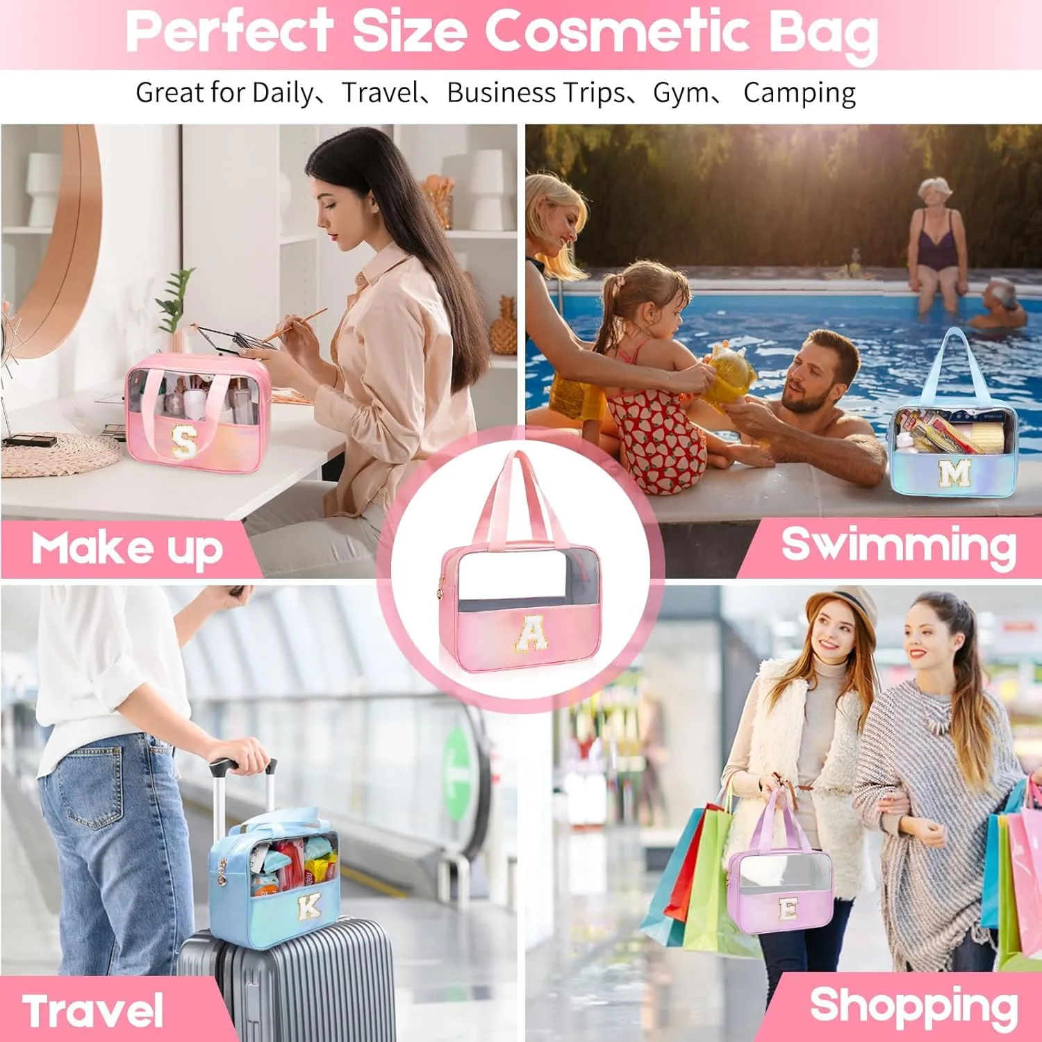 Personalized Initial Clear Makeup Bag Purple Cosmetic Bag Set Large Travel Toiletry Bag, Cute Clear Make Up Bags Organizer Bag for Girlfriend Teacher Gifts Teen Girl Gifts Trendy Stuff A (purple）