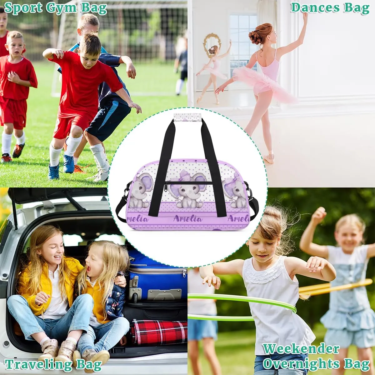 Personalized Name Sports Duffel Bag for Women Men, Custom Purple Elephant Travel Gym Bags Overnight Weekender Bag, Birthday Gifts