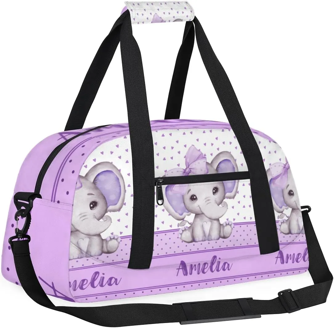 Personalized Name Sports Duffel Bag for Women Men, Custom Purple Elephant Travel Gym Bags Overnight Weekender Bag, Birthday Gifts