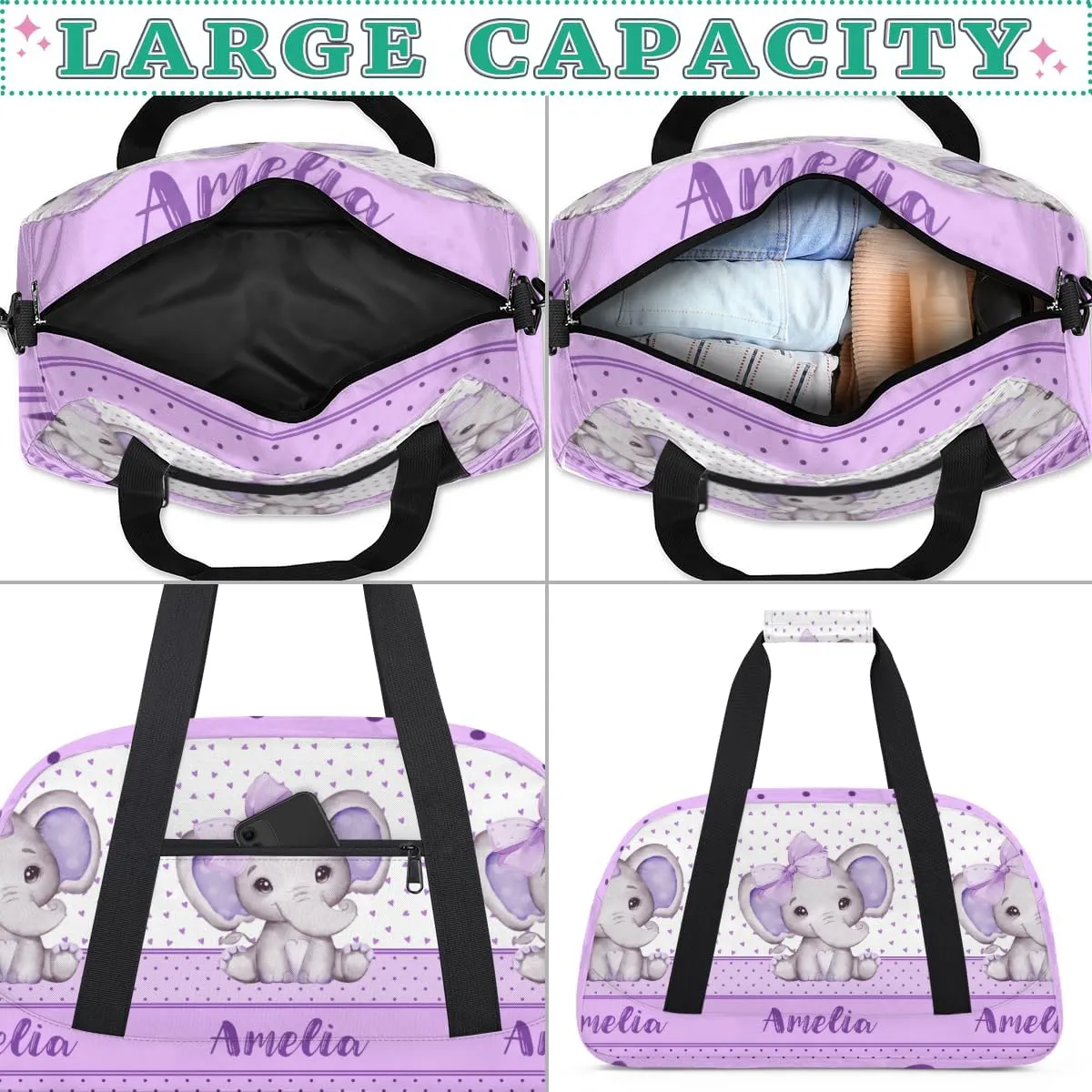 Personalized Name Sports Duffel Bag for Women Men, Custom Purple Elephant Travel Gym Bags Overnight Weekender Bag, Birthday Gifts