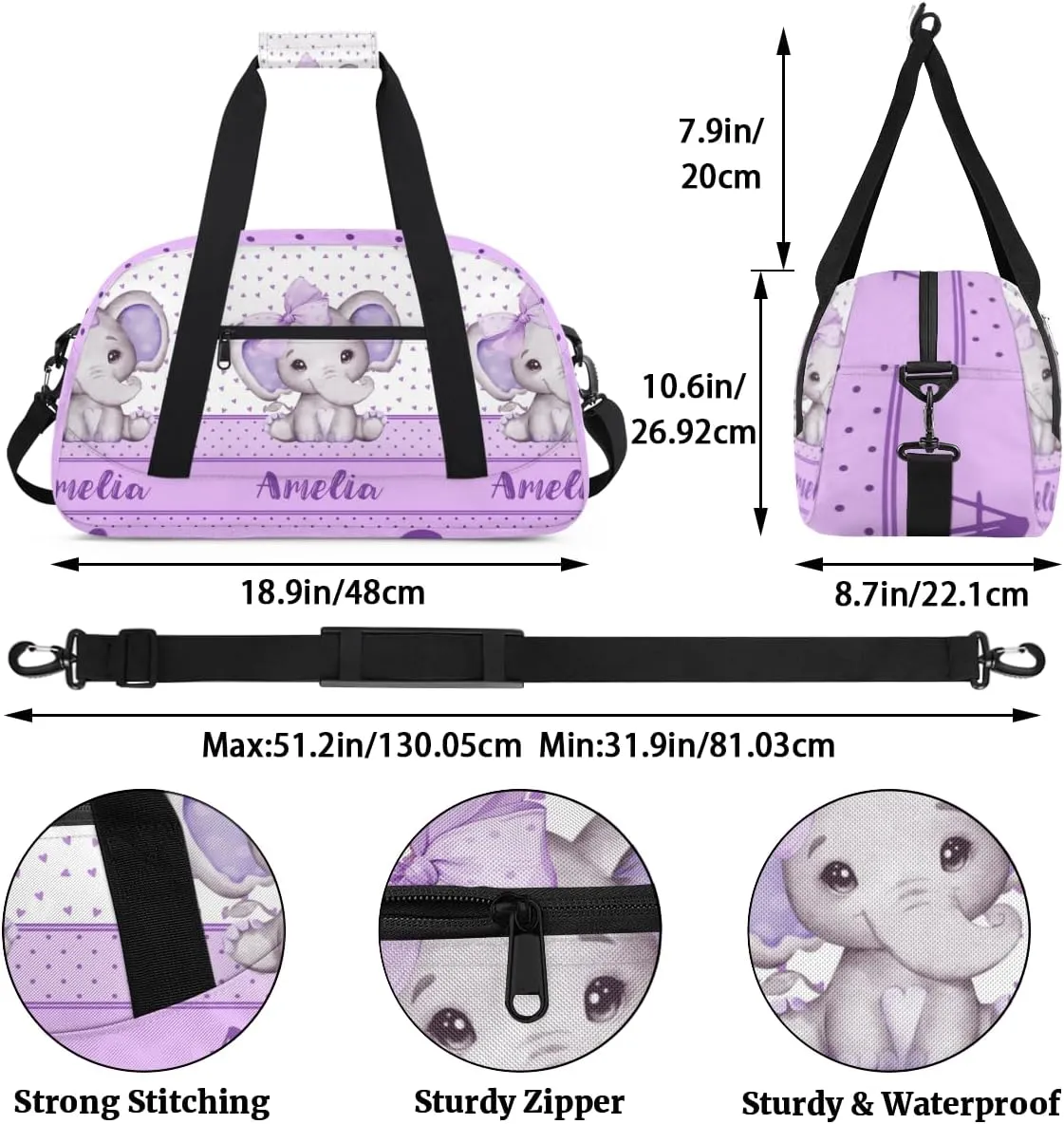 Personalized Name Sports Duffel Bag for Women Men, Custom Purple Elephant Travel Gym Bags Overnight Weekender Bag, Birthday Gifts