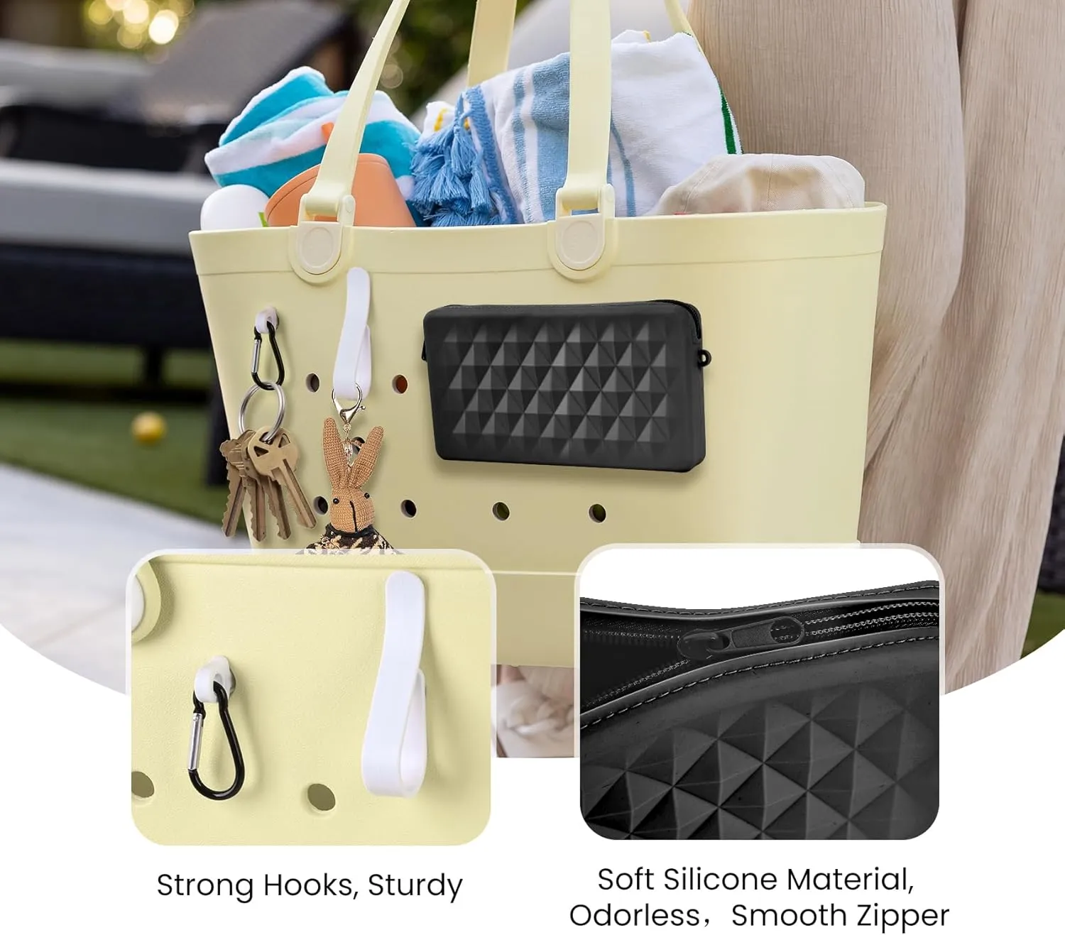 Phone Holder Pouch for Bogg Bag Accessories, Universal Silicone Phone Holder Compatible with Simple Modern Beach Tote L/XL and Fits Bogg Bag XL, Zipper Pouch with 4 Hooks Black