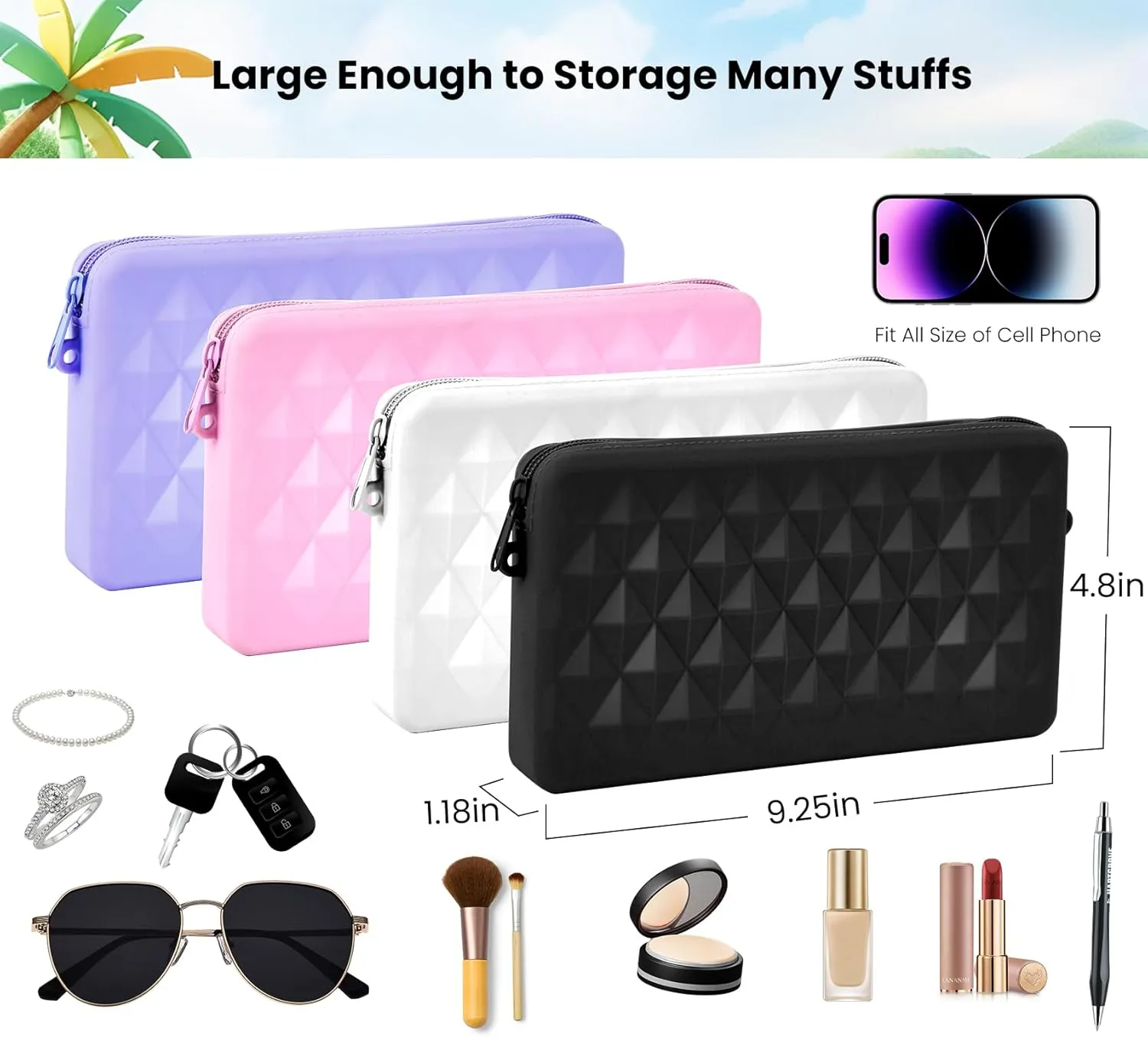 Phone Holder Pouch for Bogg Bag Accessories, Universal Silicone Phone Holder Compatible with Simple Modern Beach Tote L/XL and Fits Bogg Bag XL, Zipper Pouch with 4 Hooks Black
