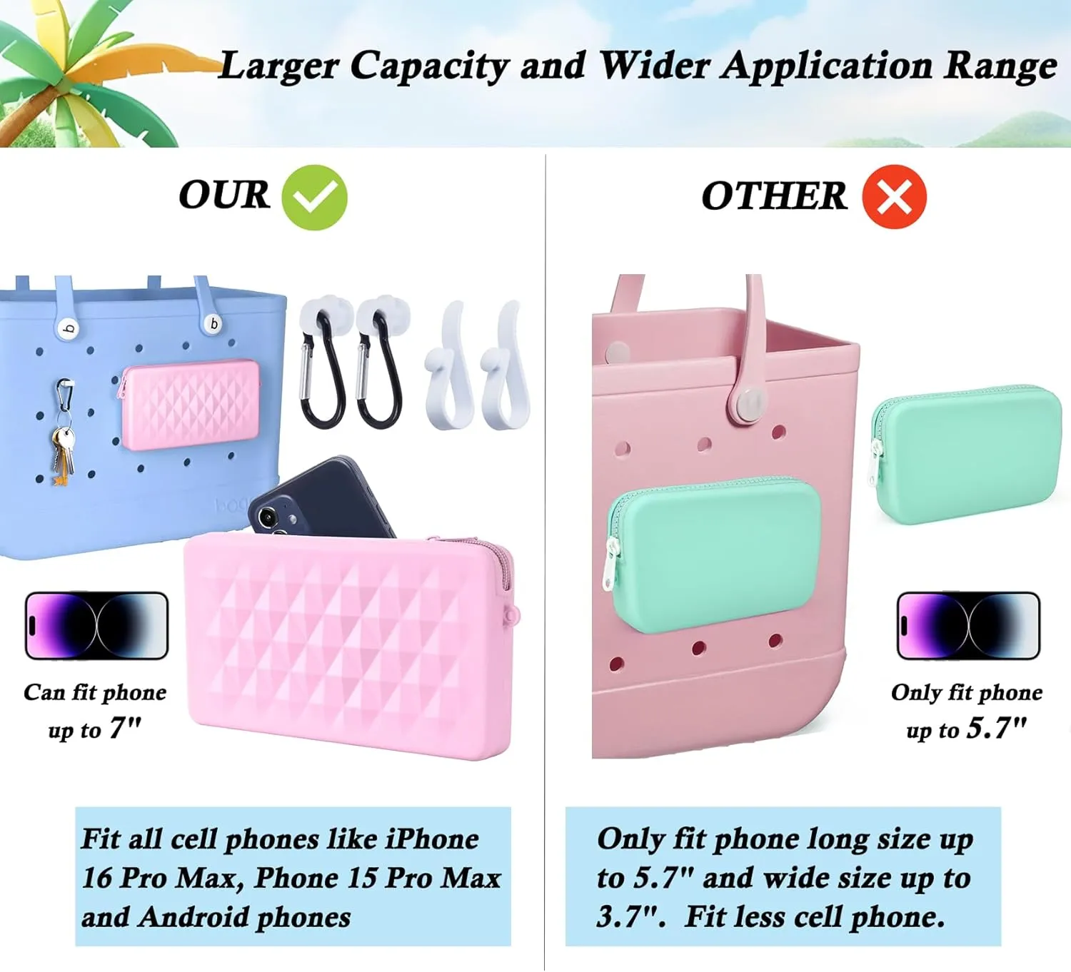 Phone Holder Pouch for Bogg Bag Accessories, Universal Silicone Phone Holder Compatible with Simple Modern Beach Tote L/XL and Fits Bogg Bag XL, Zipper Pouch with 4 Hooks Black