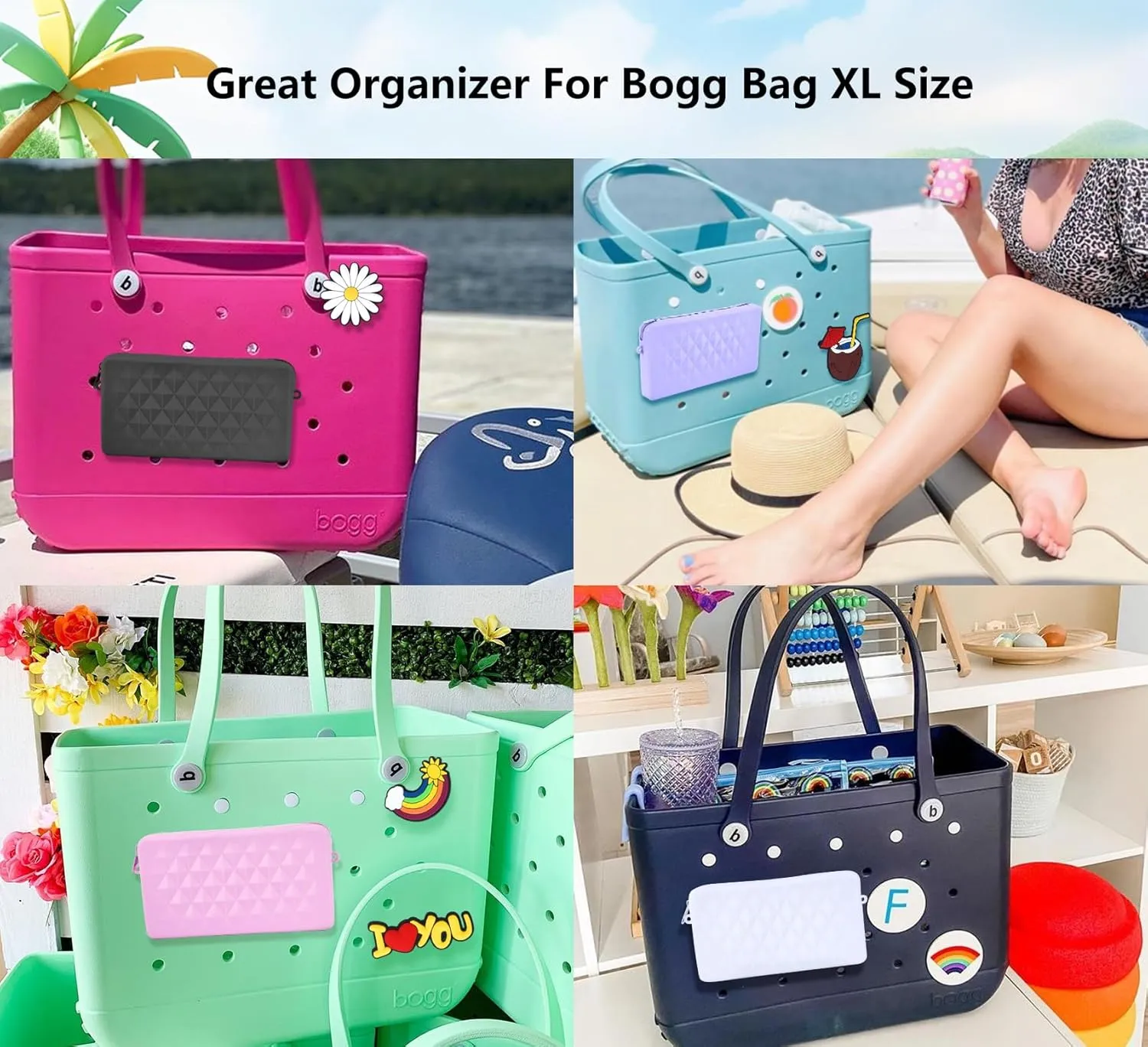 Phone Holder Pouch for Bogg Bag Accessories, Universal Silicone Phone Holder Compatible with Simple Modern Beach Tote L/XL and Fits Bogg Bag XL, Zipper Pouch with 4 Hooks Black