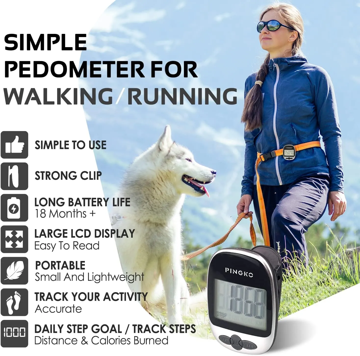 PINGKO Outdoor Multi-Function Portable Sport Pedometer Step/Distance/Calories/Counter