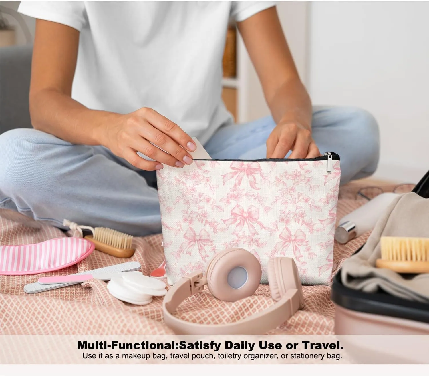 Pink Coquette Bow Makeup Bag Make Up Bag, Pink Cosmetic Bags for Women, Preppy Coquette Gifts for Women Teen Girls Mom,Dorm Room Essentials for Girls