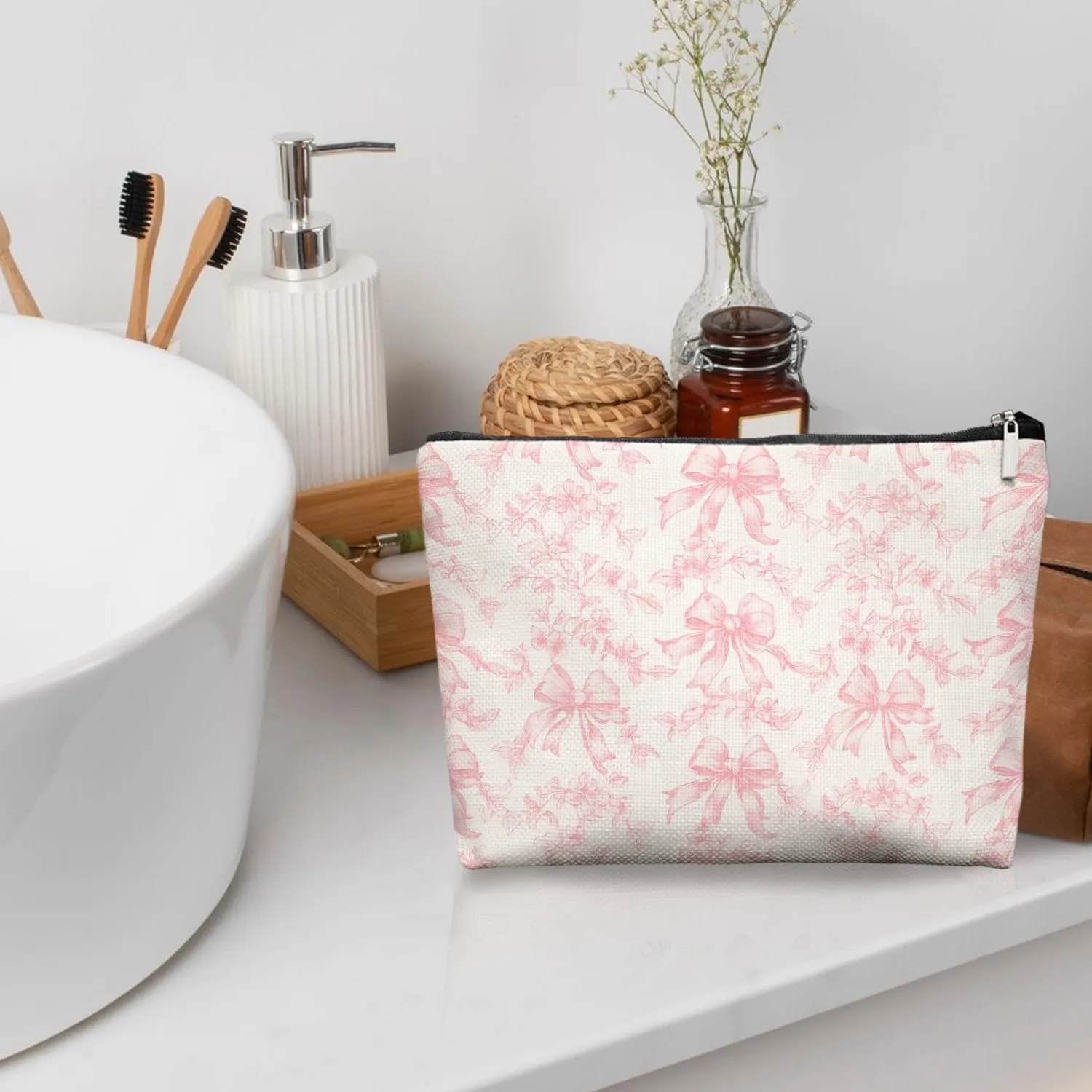 Pink Coquette Bow Makeup Bag Make Up Bag, Pink Cosmetic Bags for Women, Preppy Coquette Gifts for Women Teen Girls Mom,Dorm Room Essentials for Girls