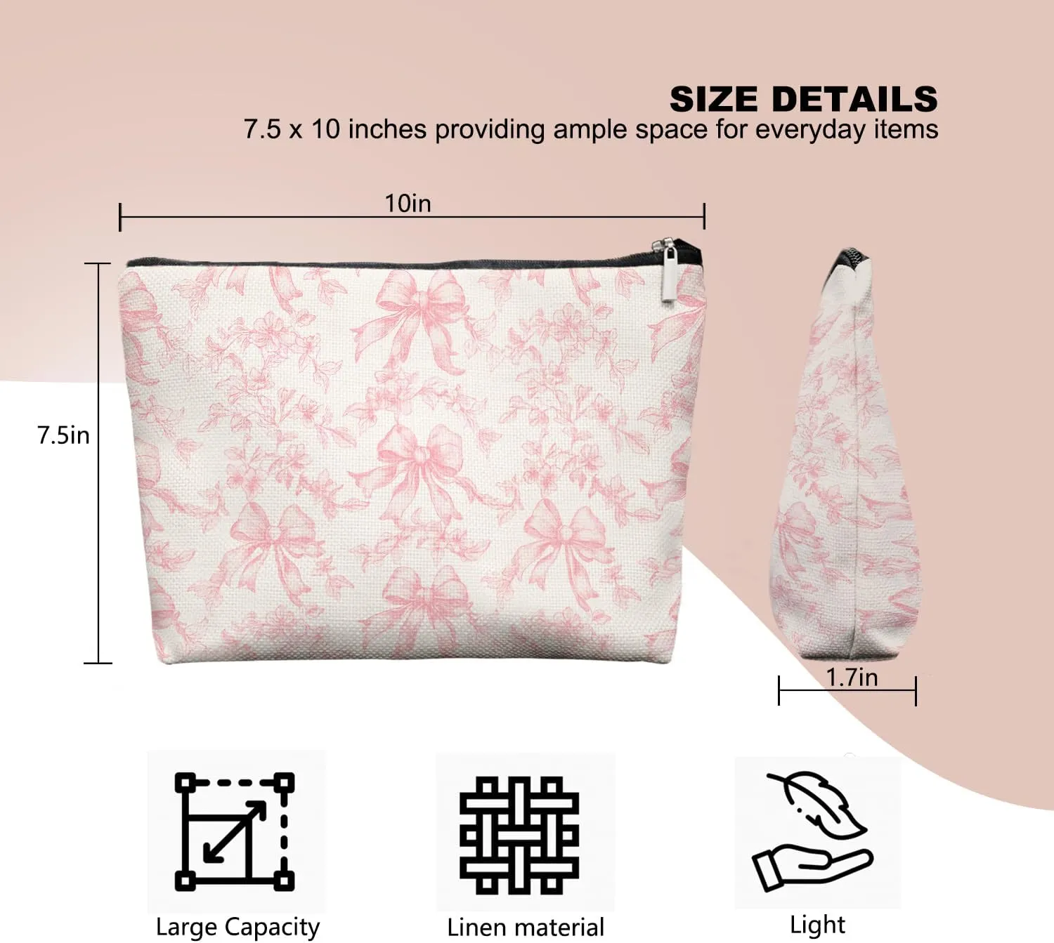 Pink Coquette Bow Makeup Bag Make Up Bag, Pink Cosmetic Bags for Women, Preppy Coquette Gifts for Women Teen Girls Mom,Dorm Room Essentials for Girls