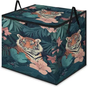 Pink Flower Tiger Large Storage Bags Fern Leaves Foldable Clothes Storage Bins Blanket Organizers Storage Containers with Reinforced Handles for Closet Comforter Pillow Bedding