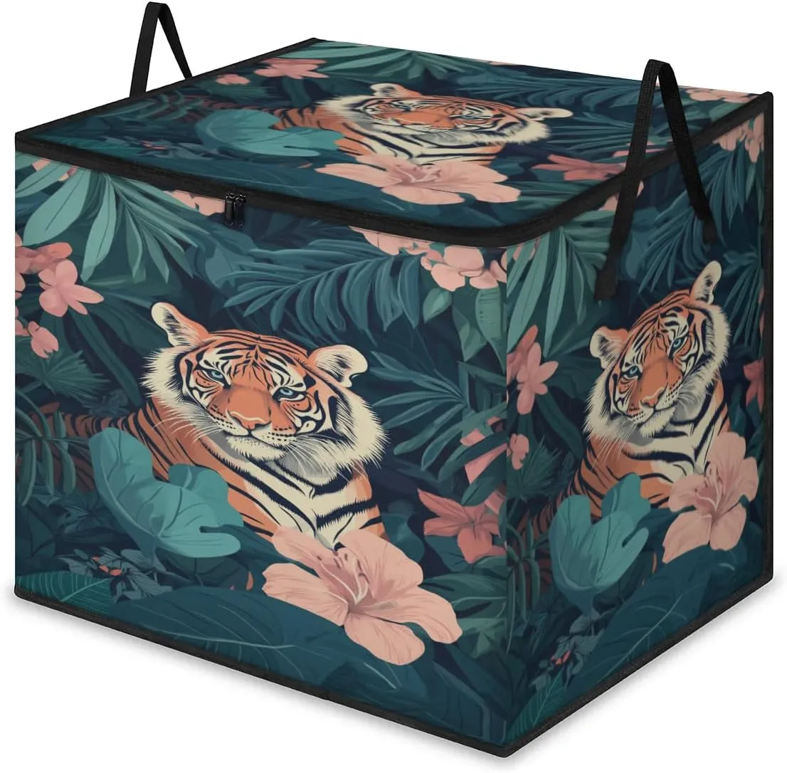 Pink Flower Tiger Large Storage Bags Fern Leaves Foldable Clothes Storage Bins Blanket Organizers Storage Containers with Reinforced Handles for Closet Comforter Pillow Bedding