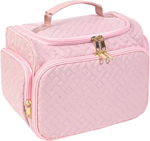 Pink Large Makeup Bag Organizer with Brush Storage，Travel Makeup Bag with Compartments for Travel Cosmetic Bags for Women