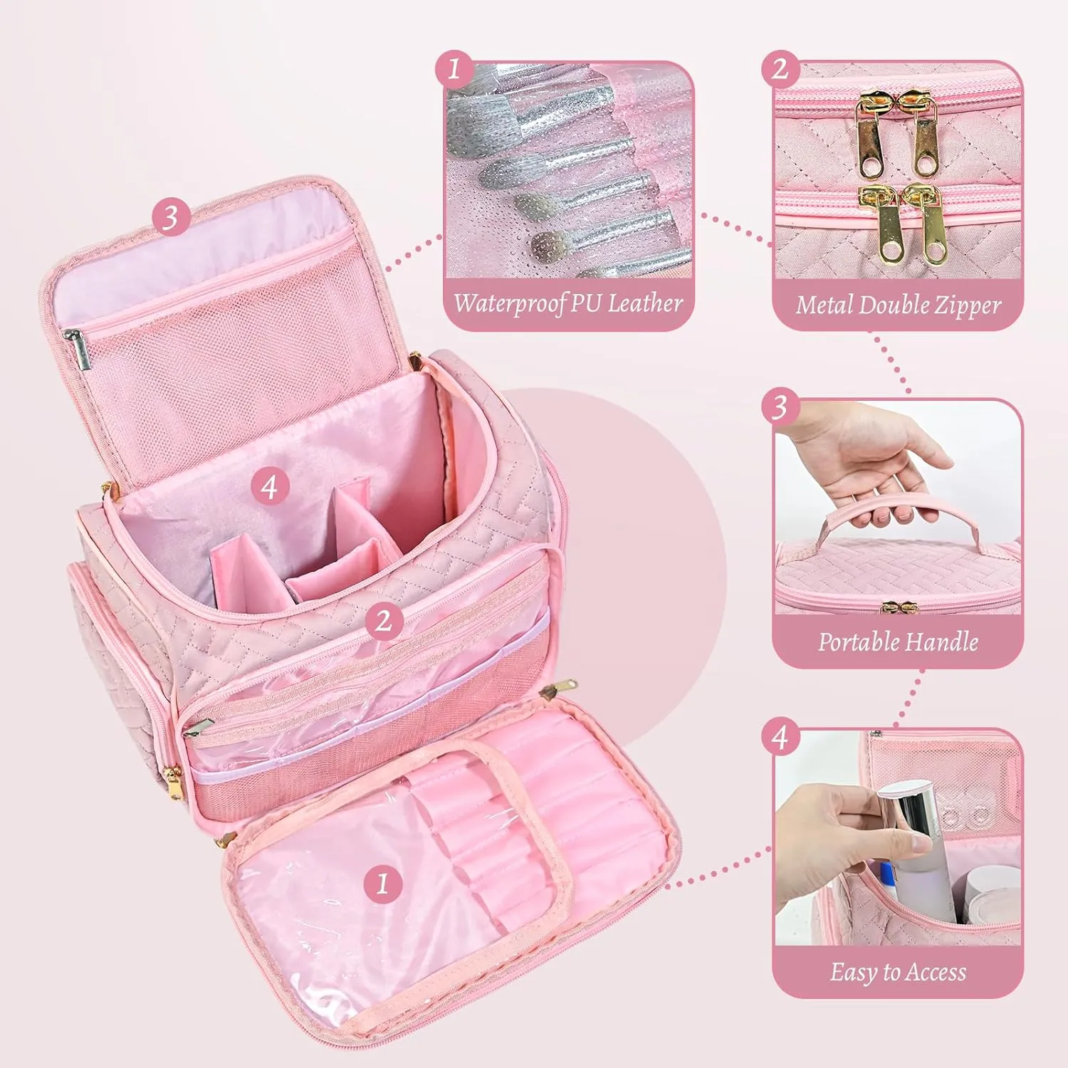 Pink Large Makeup Bag Organizer with Brush Storage，Travel Makeup Bag with Compartments for Travel Cosmetic Bags for Women