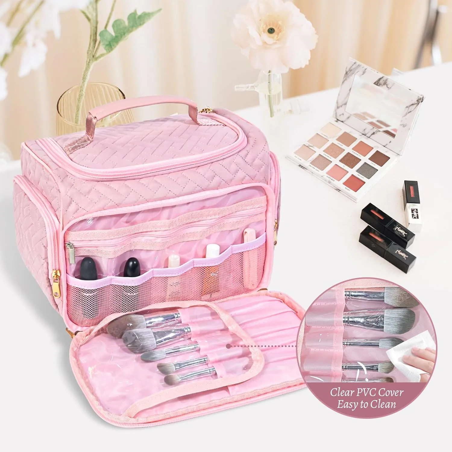 Pink Large Makeup Bag Organizer with Brush Storage，Travel Makeup Bag with Compartments for Travel Cosmetic Bags for Women