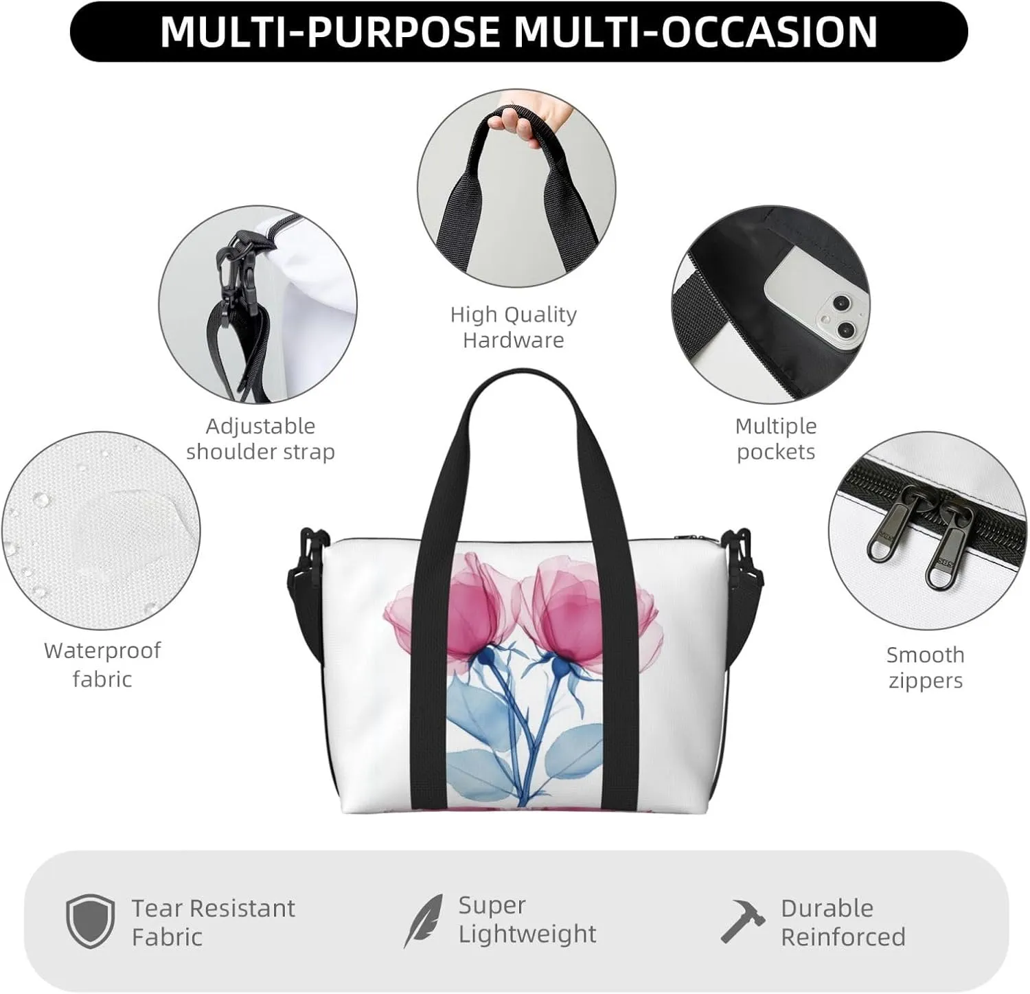 pink rose flowers print Travel Duffel Bag, Sports Tote Gym Bag, Swim Pool Bag Large Shoulder Tote Bag for Beach Weekender