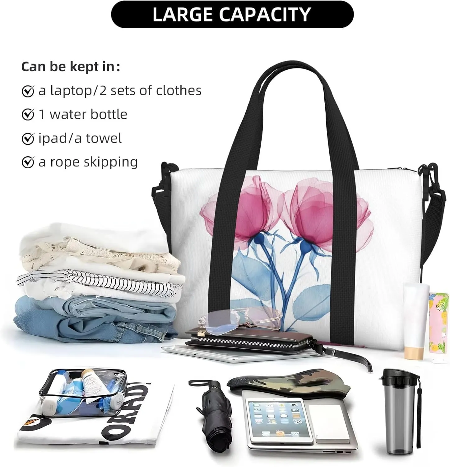 pink rose flowers print Travel Duffel Bag, Sports Tote Gym Bag, Swim Pool Bag Large Shoulder Tote Bag for Beach Weekender