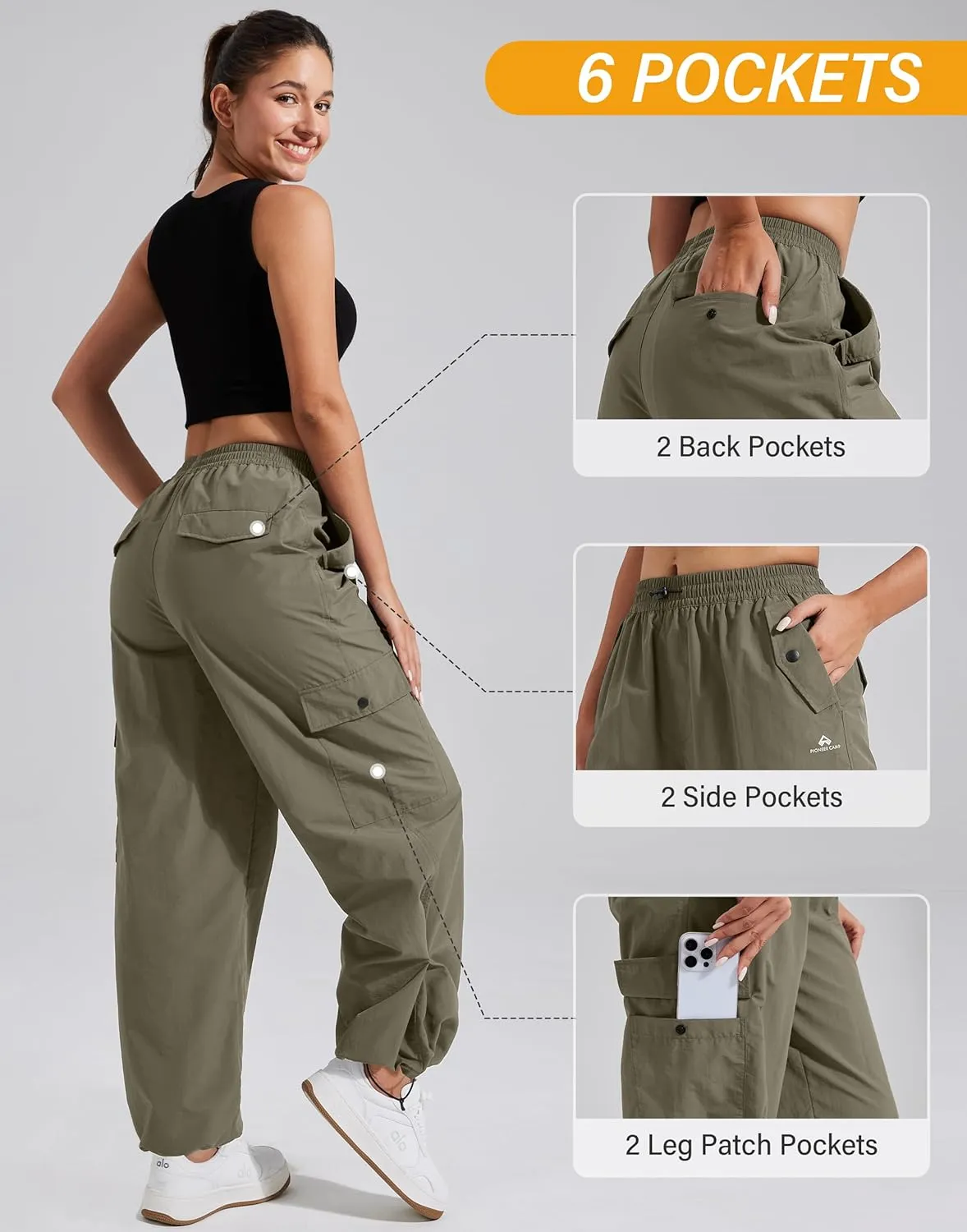 Pioneer Camp Cargo Pants Women Baggy Parachute Pants Woman with 6 Pockets Quick Dry Lightweight Hiking Travel Pants Trousers