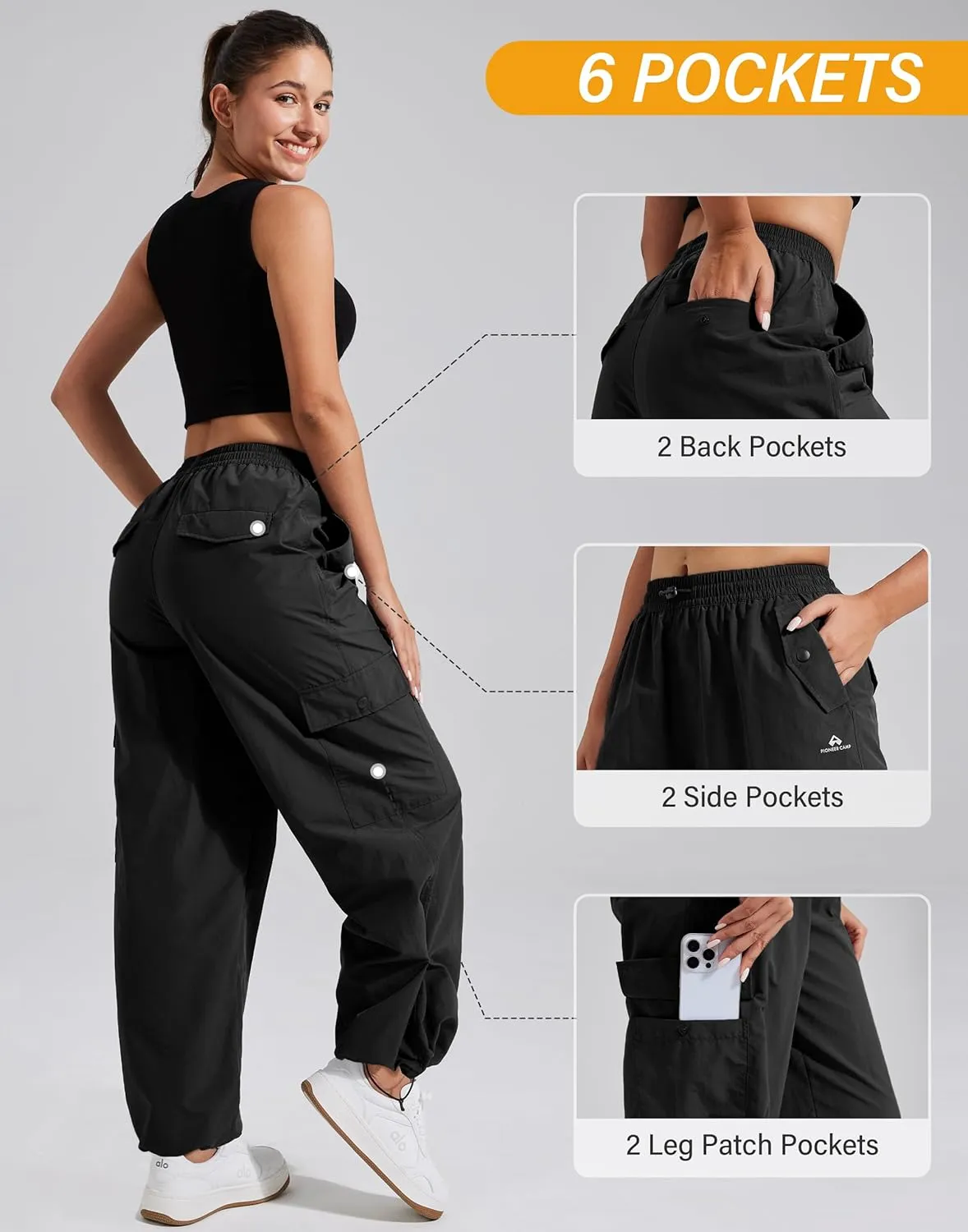 Pioneer Camp Cargo Pants Women Baggy Parachute Pants Woman with 6 Pockets Quick Dry Lightweight Hiking Travel Pants Trousers