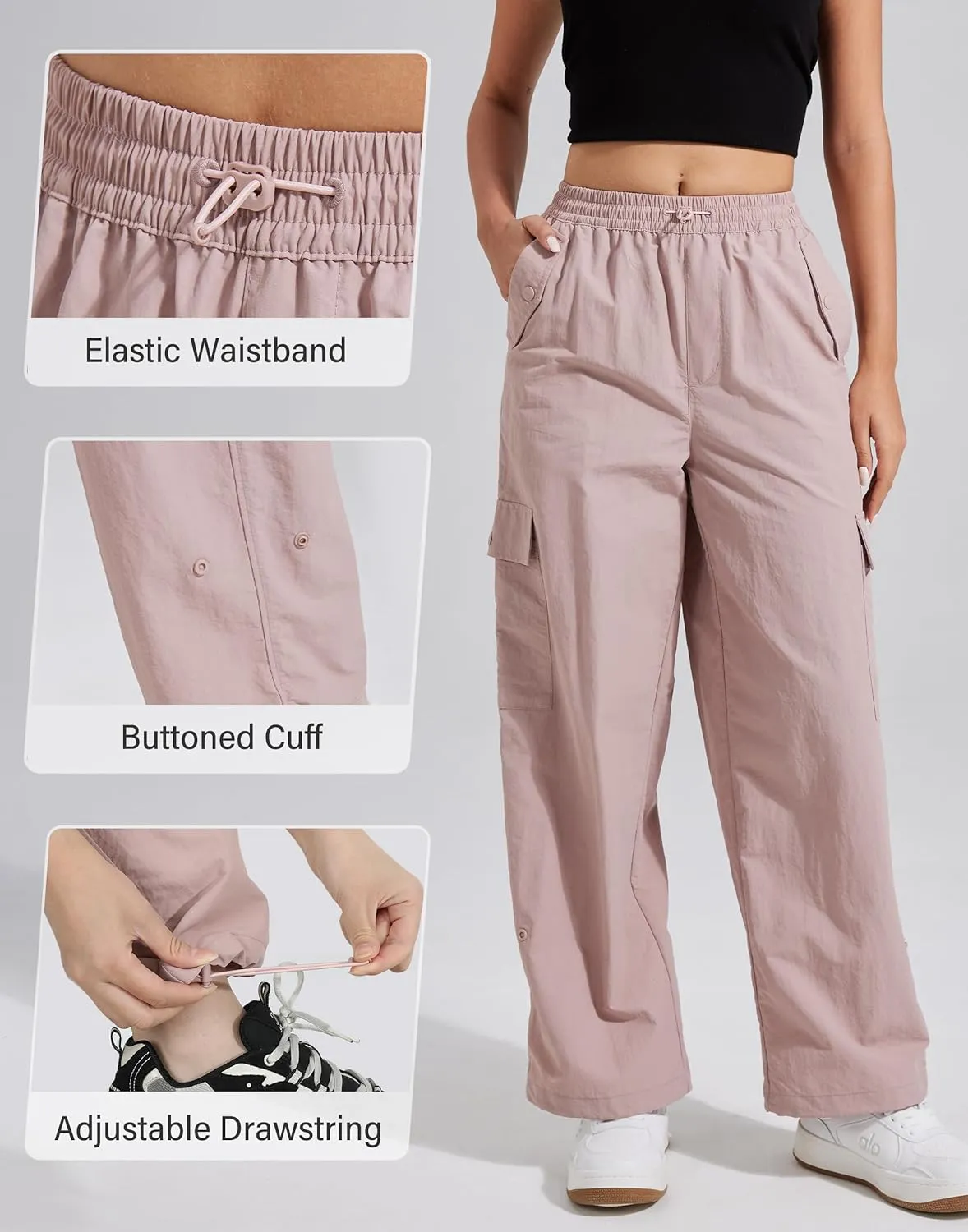 Pioneer Camp Cargo Pants Women Baggy Parachute Pants Woman with 6 Pockets Quick Dry Lightweight Hiking Travel Pants Trousers