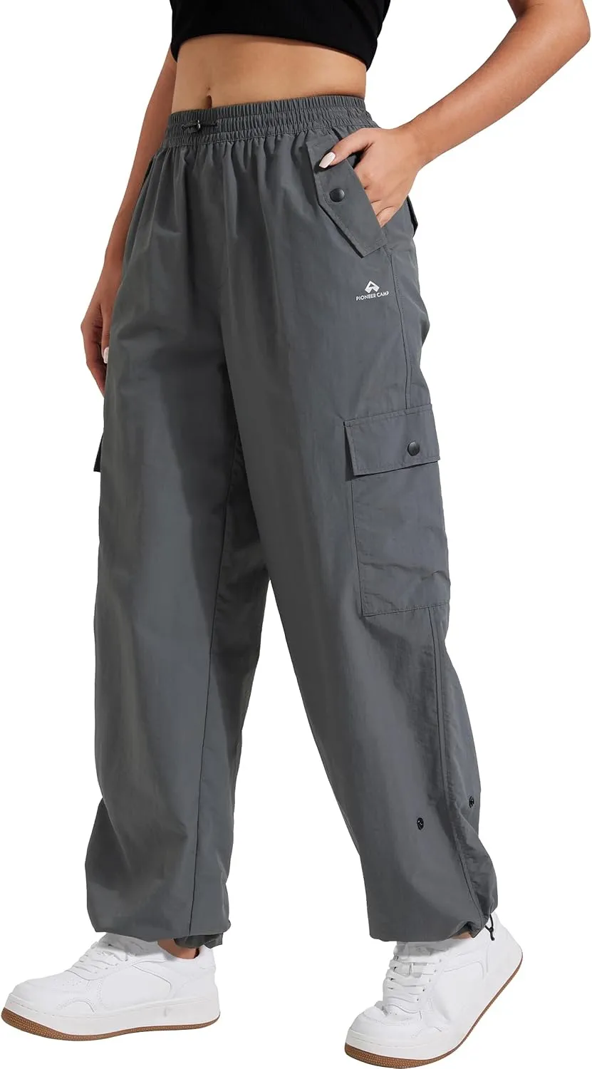 Pioneer Camp Womens Parachute Cargo Pants with Pockets Baggy High Waisted Quick Dry Hiking Pants Lightweight Wide Leg